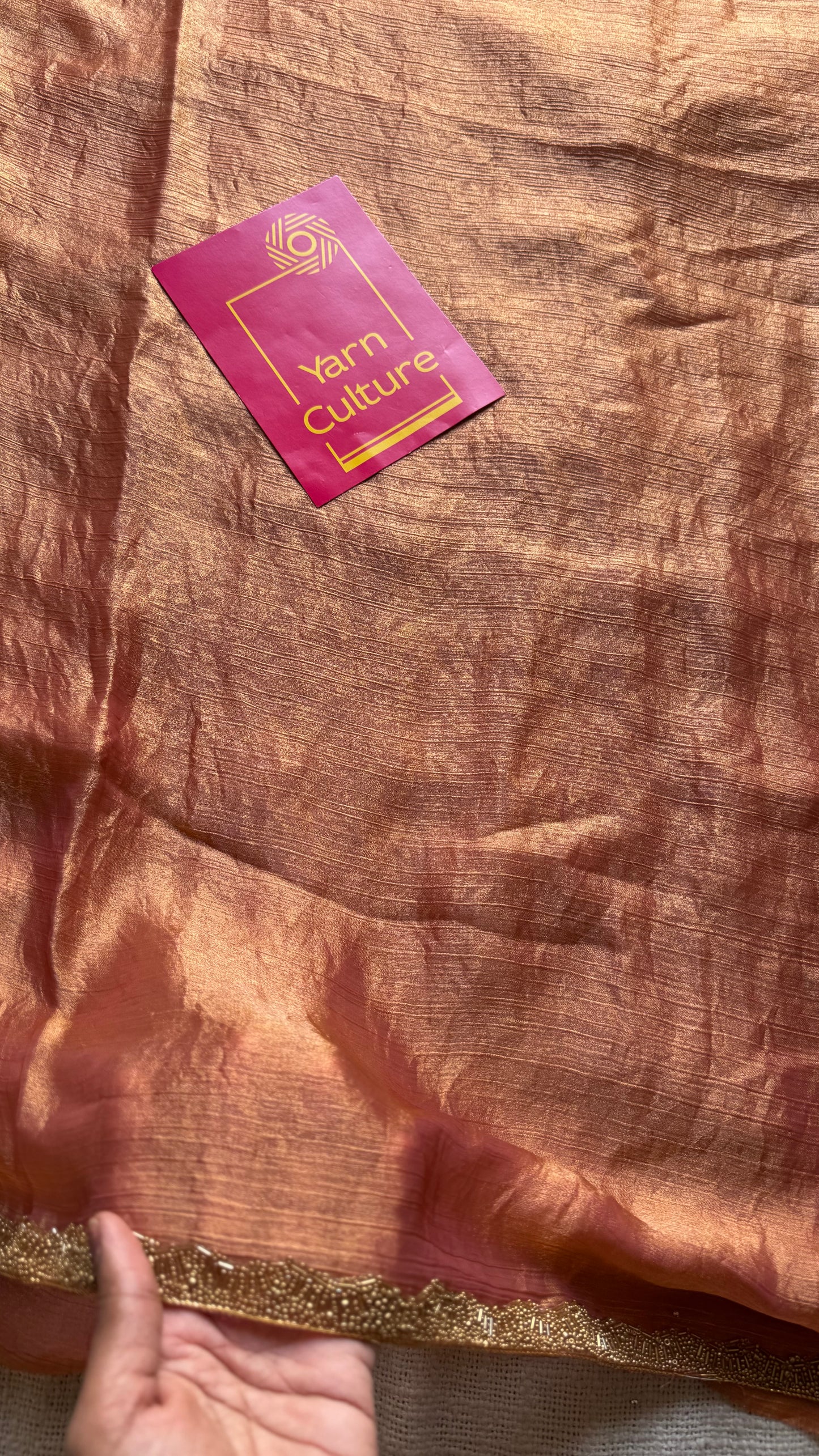 Sunset Burst - pink orange hues, metallic dual tone space silk, embellished border - YCDOSDE58