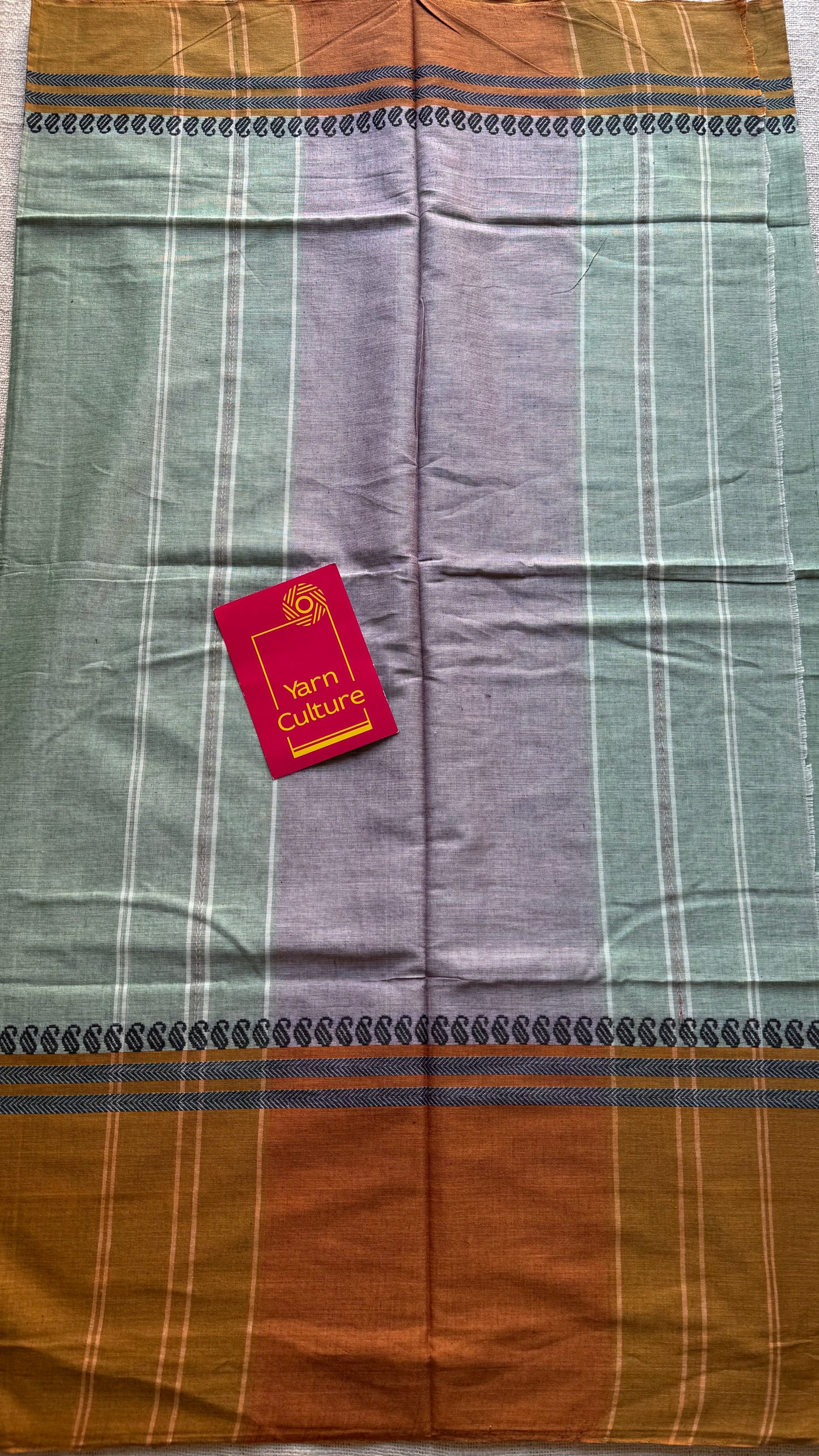 Dhonekhali handloom soft cotton saree, sage green with light brown border - YCBCDFE255