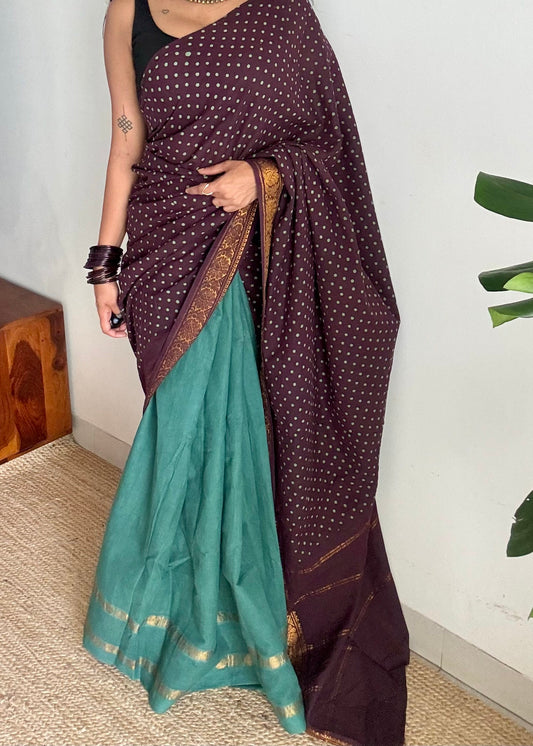 Brown with mint green, sungudi cotton half-half saree - YCCOTNIDOC16