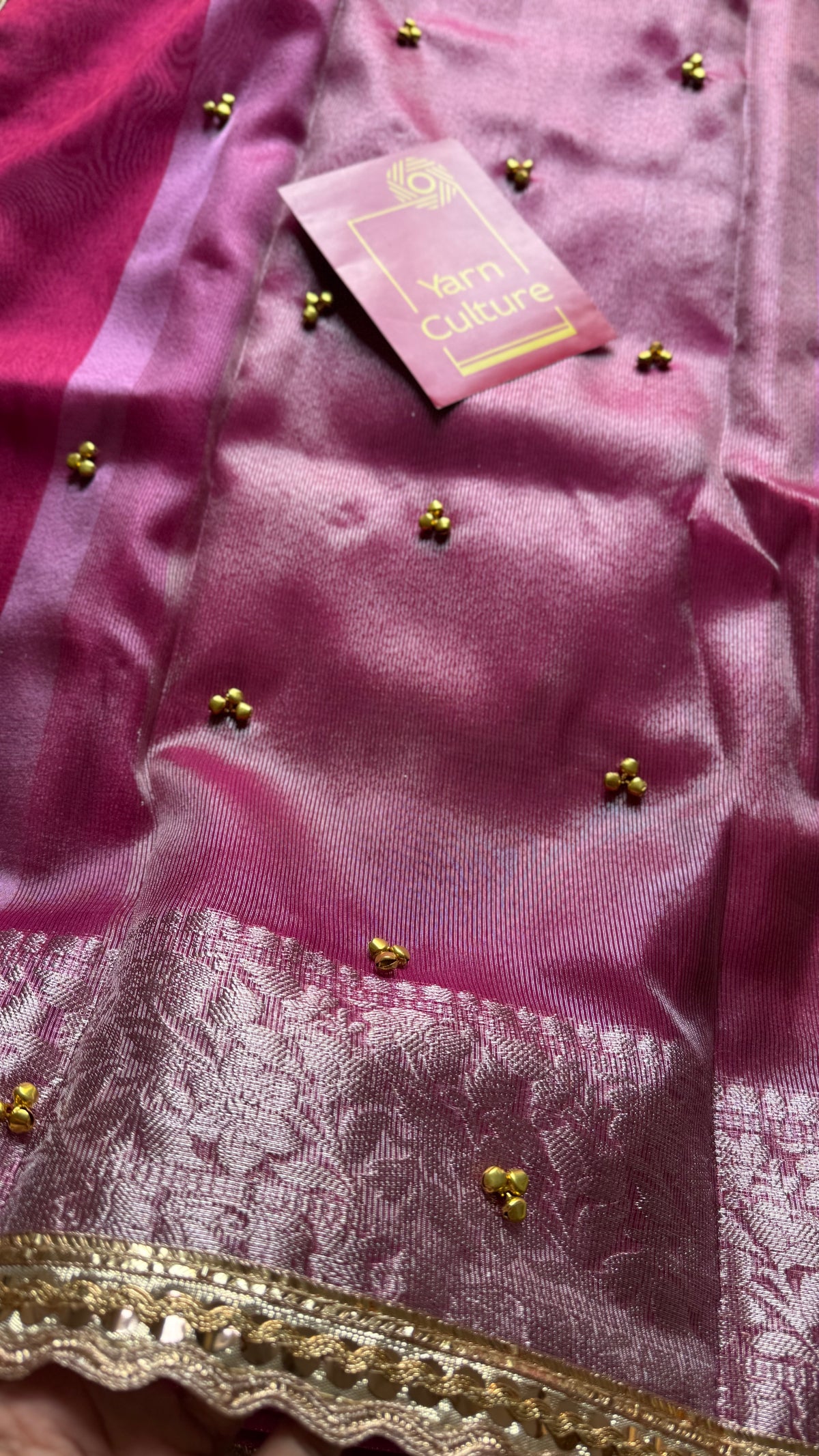 Raspberry pink silver tissue Banarasi saree with lace zari border - YCBLTOC68