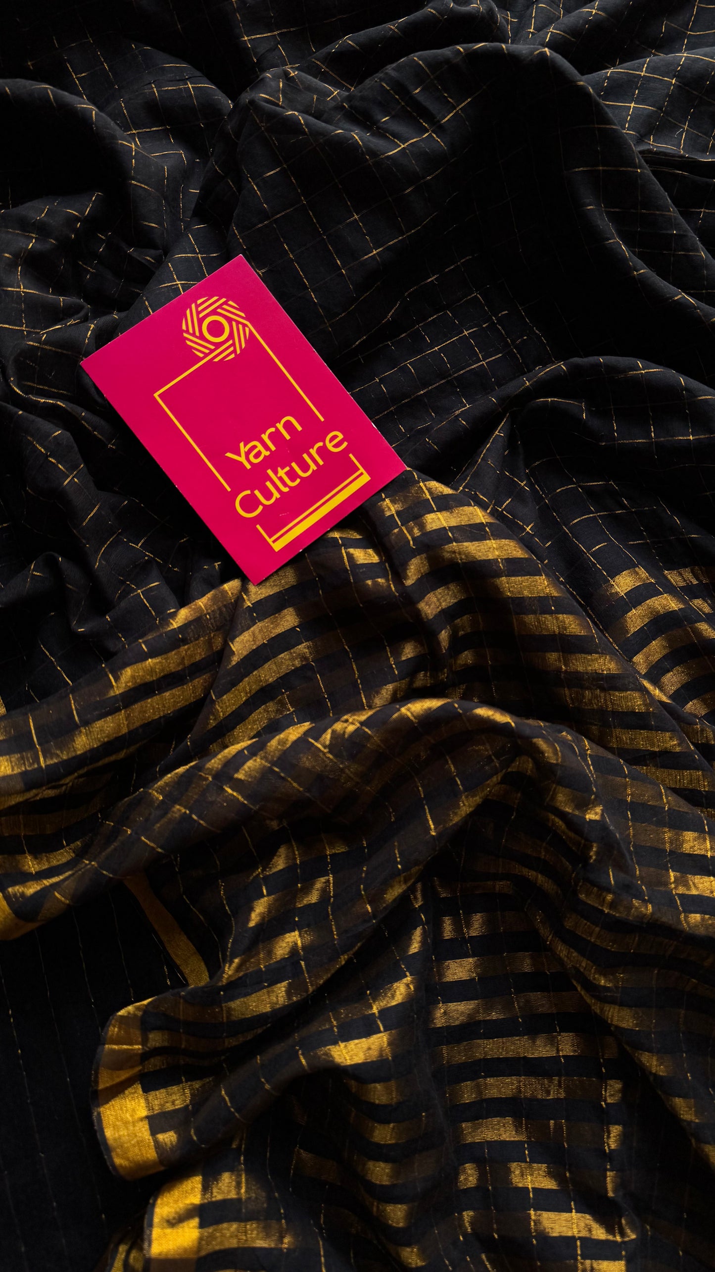 Black mul with gold checks and zari border - YCBCMCDE20