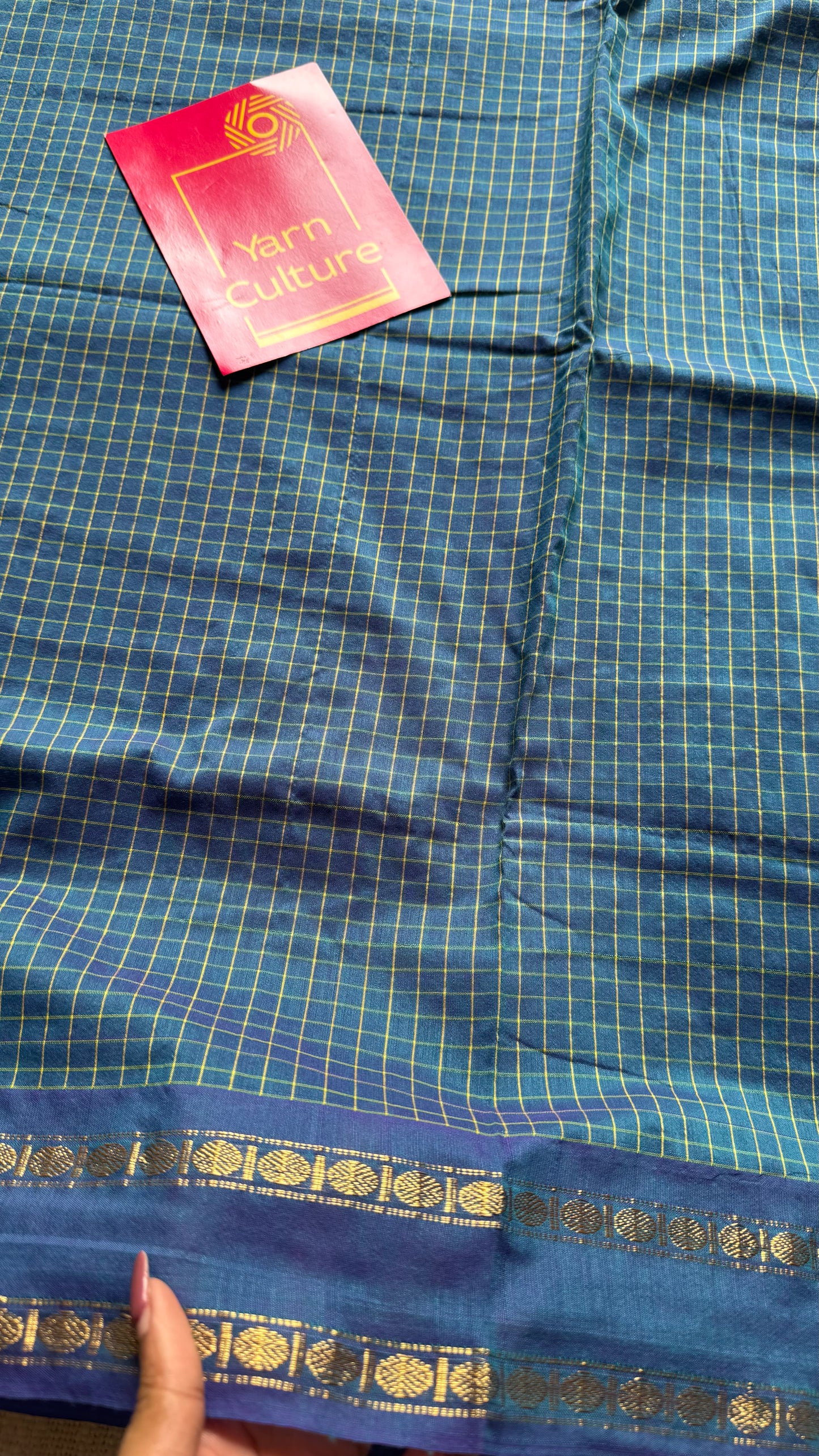 Peacock blue, arani checks saree, cotton silk - YCCOTNAUG21