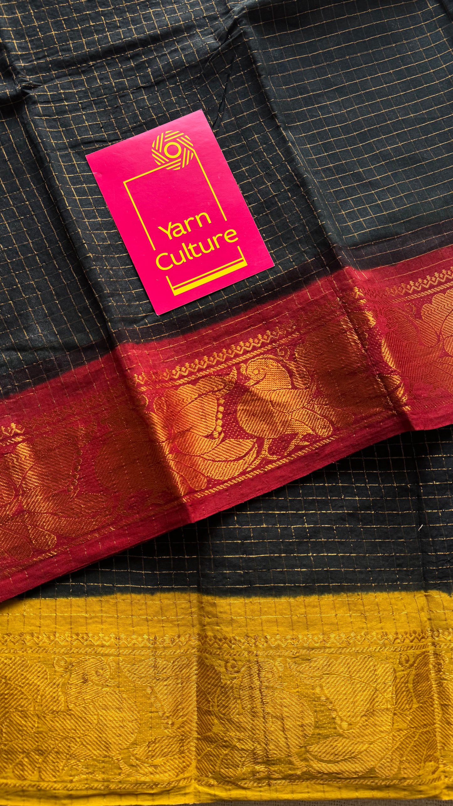 Sungudi cotton checks, black base, red and yellow dual tone border, soft cotton - YCCOTNGJJA181