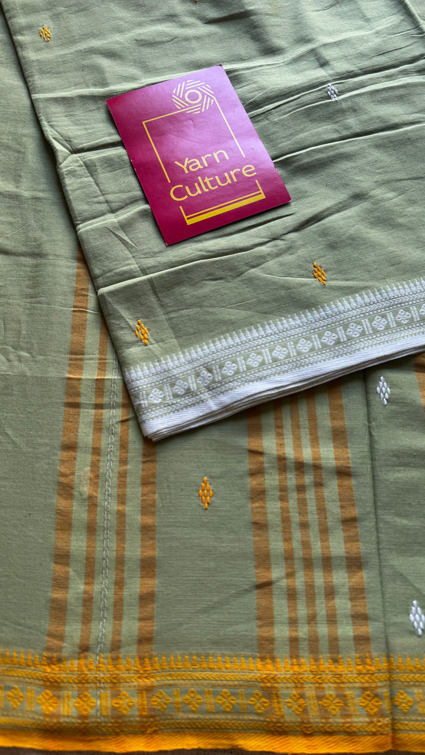 Dhonekhali handloom soft cotton saree, sage green with yellow and white woven buttas and border - YCBCDFE260