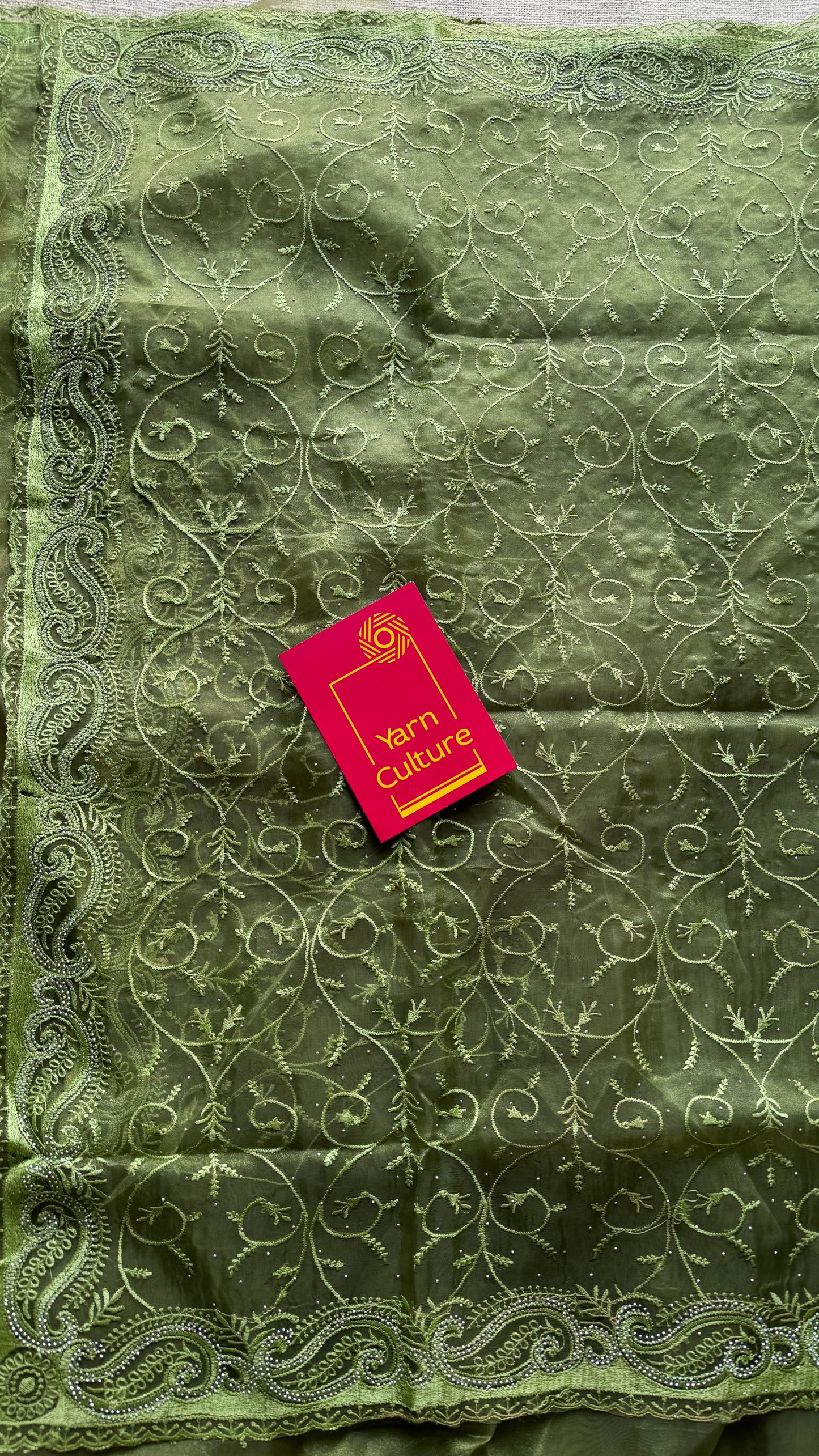 Olive Confetti - green organza, with theadwork and sequins - YCDOSNO32