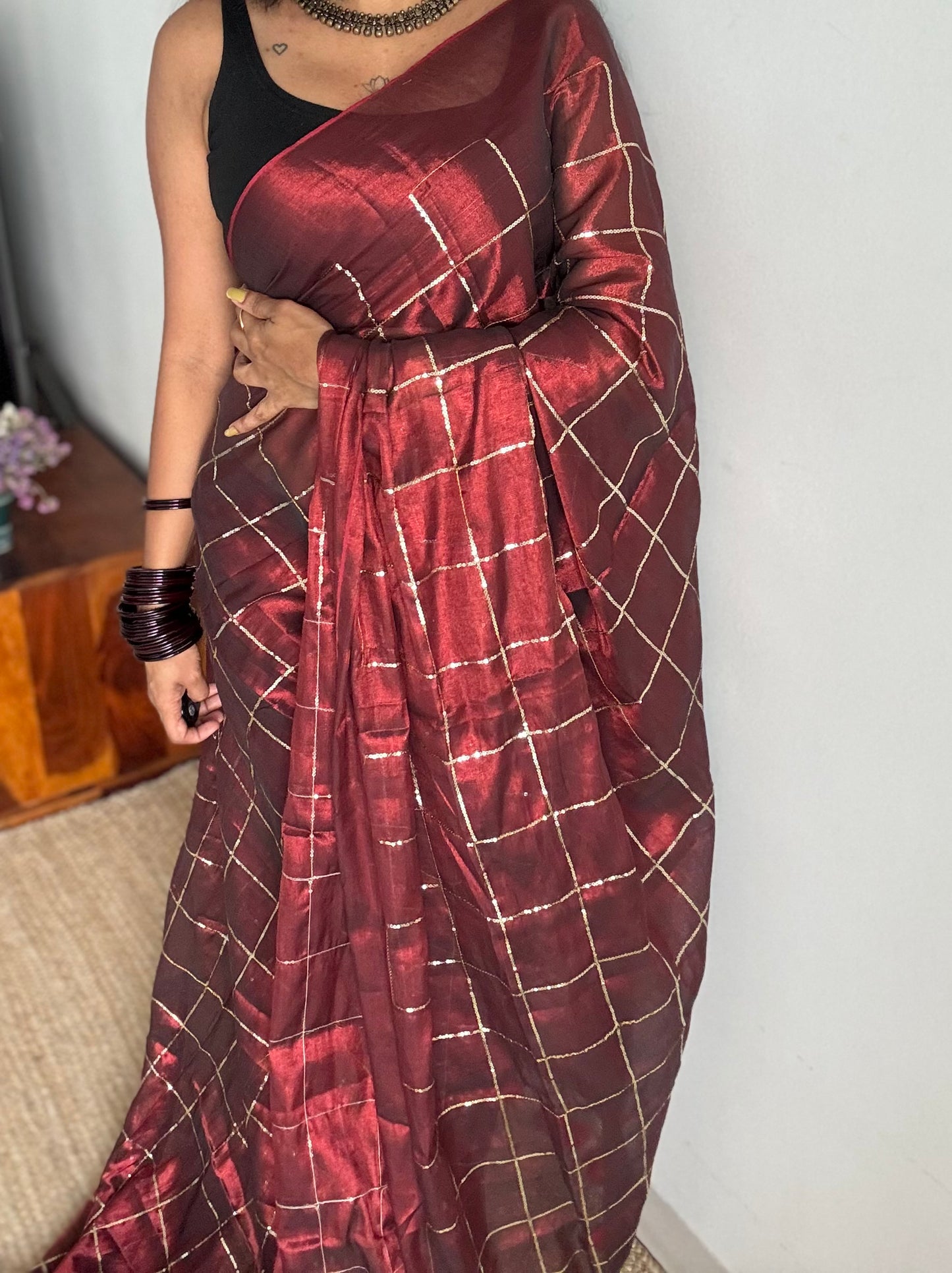 Maroon, checkered sequins work, mul tissue - YCBCMCJA10