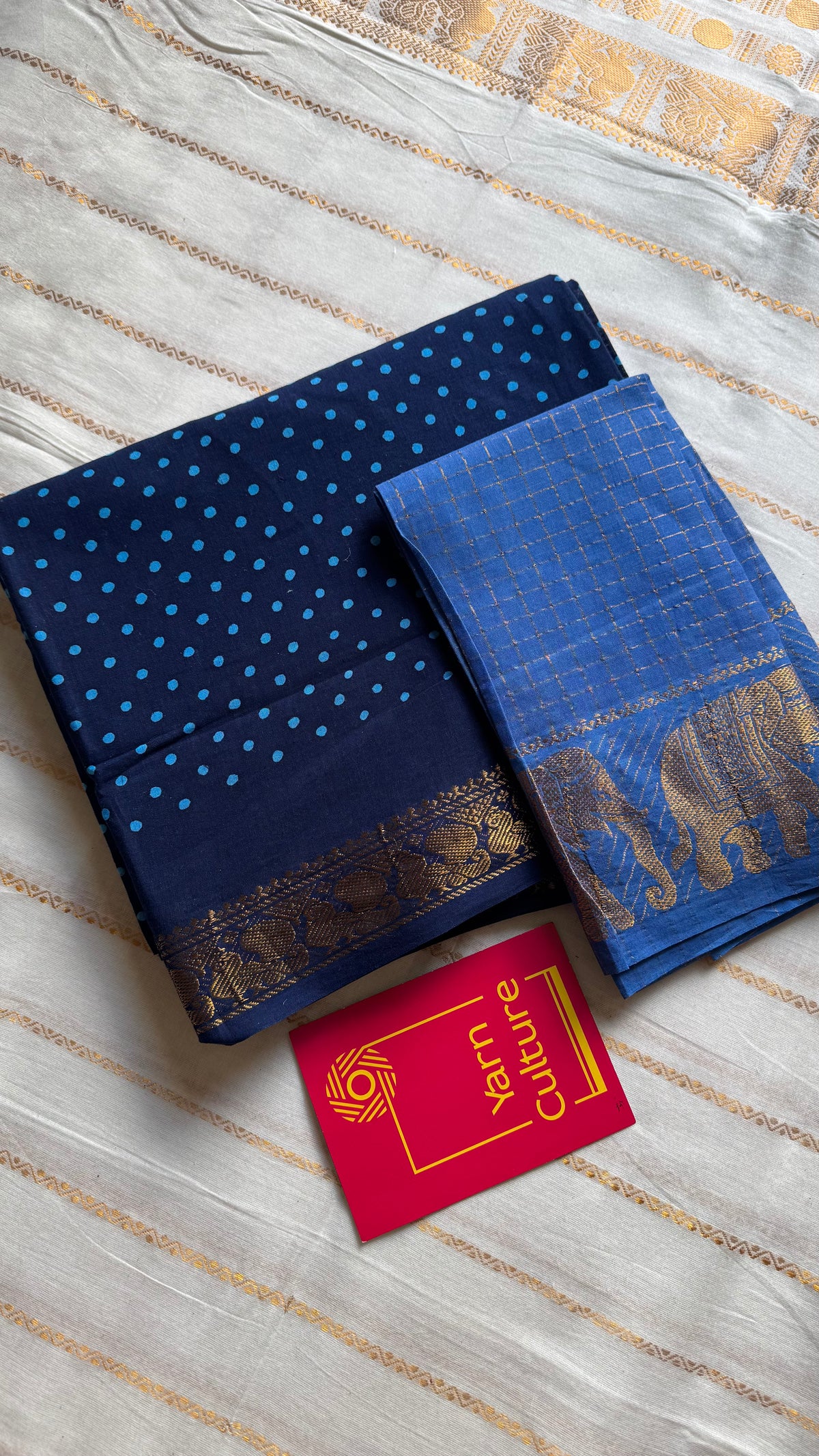 Dark blue sungudi dotted, single-side border, kattuchayam dyed madurai cotton saree - YCCOTNMSSE08