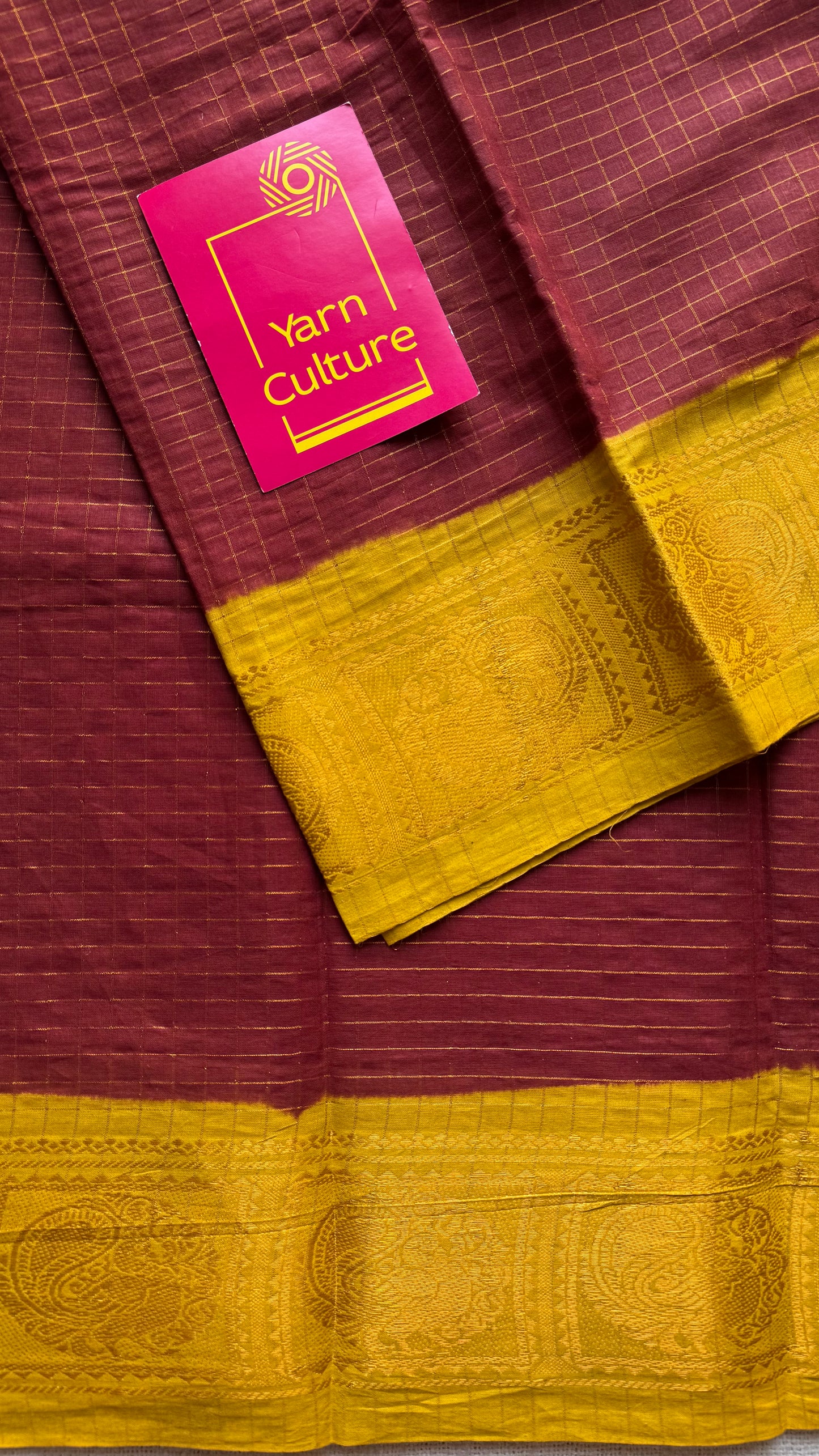 Brown with yellow contrast, zari checkered sungudi, kattuchayam dyed madurai cotton - YCCOTNMSFE333