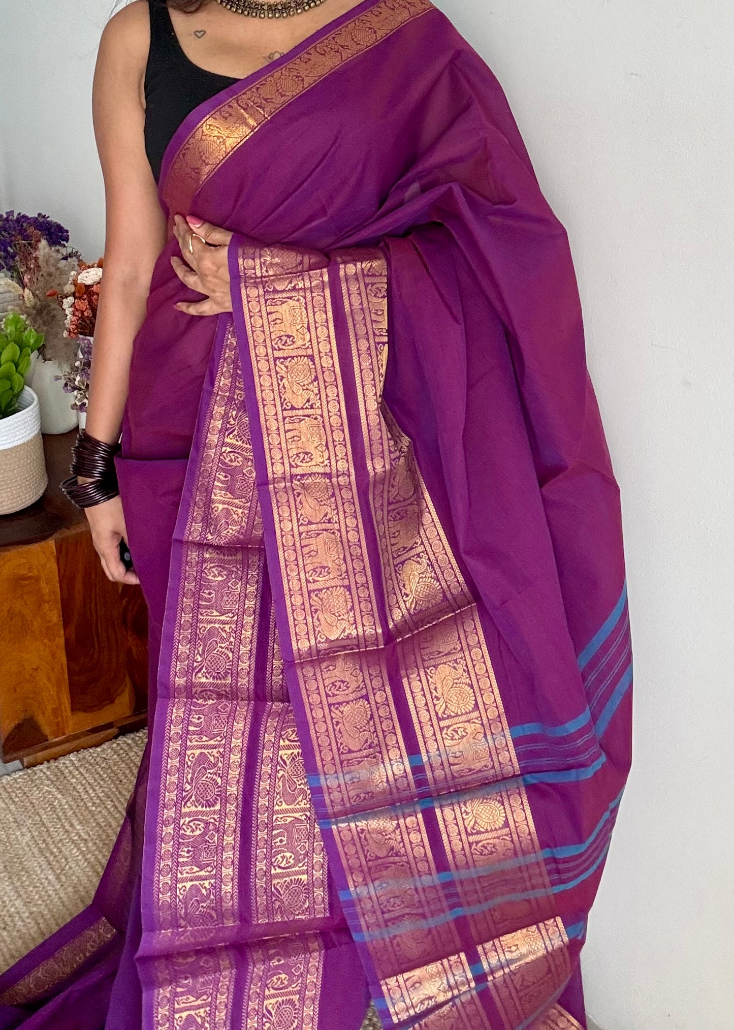Kanchi cotton saree, purple pink with wide zari border - YCCOTNAP89