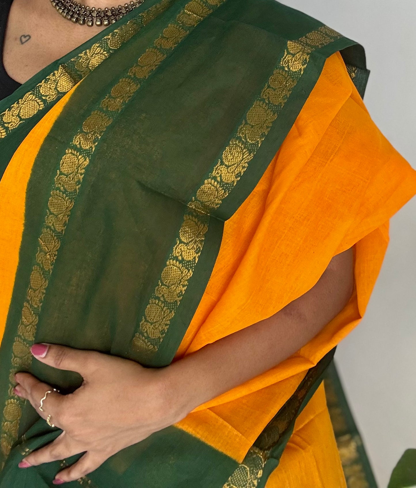 Yellow with green rettaipettu peacock double border, madurai soft cotton - YCCOTNMSAP206