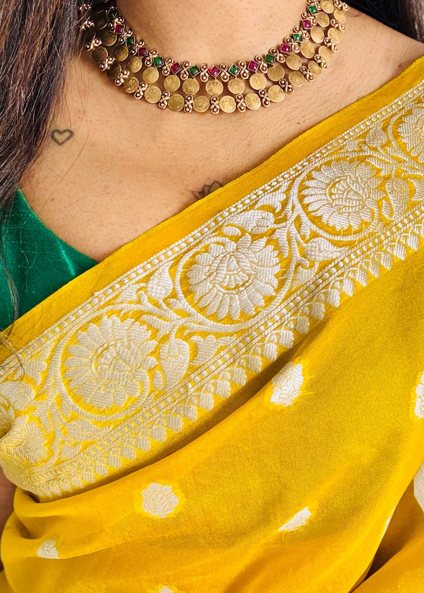 Ruby and green stones with 2 layer coin neckpiece, with earrings - YCGPNP677