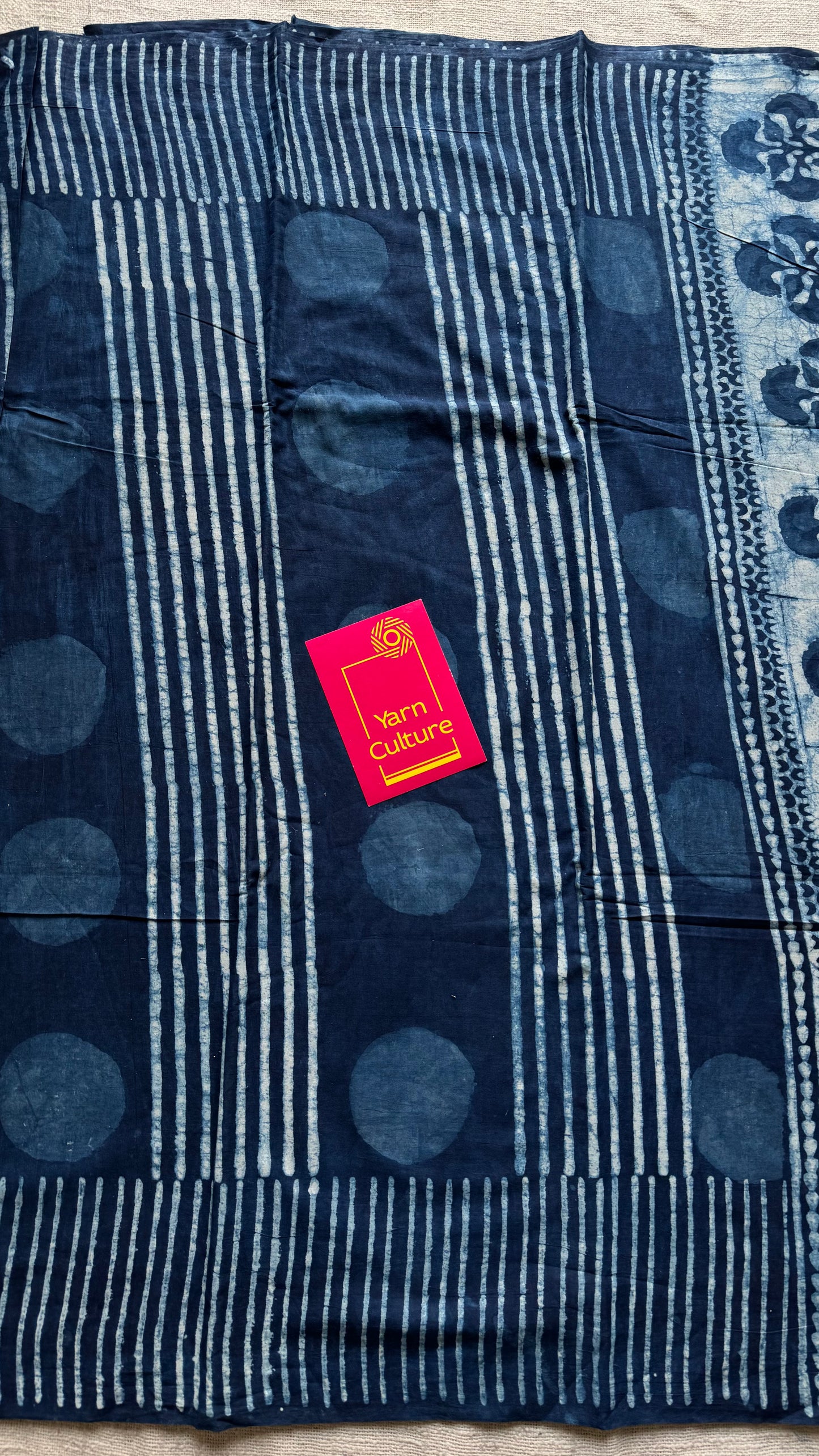 Indigo with circle and line motifs, block printed soft cotton saree - YCTORCMA24