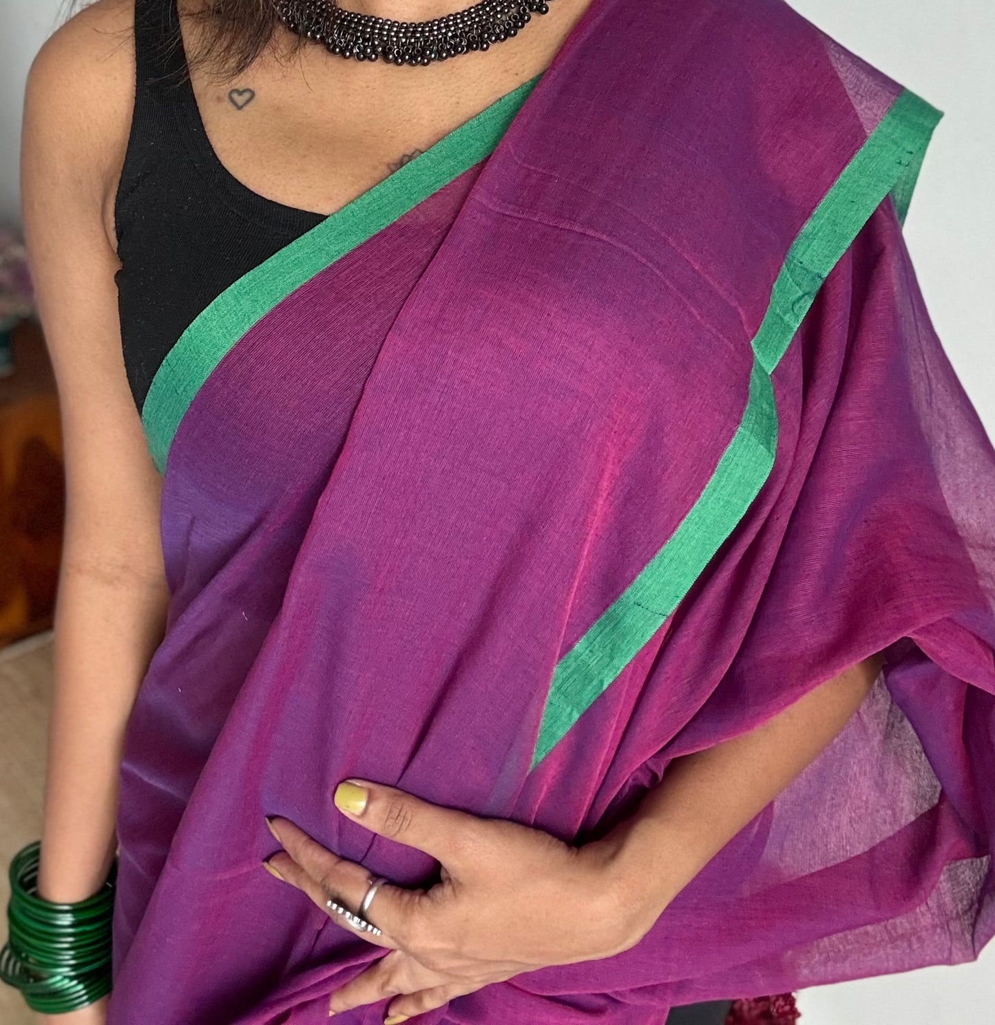 Grape wine with green border mul cotton saree - YCBCMCFE228