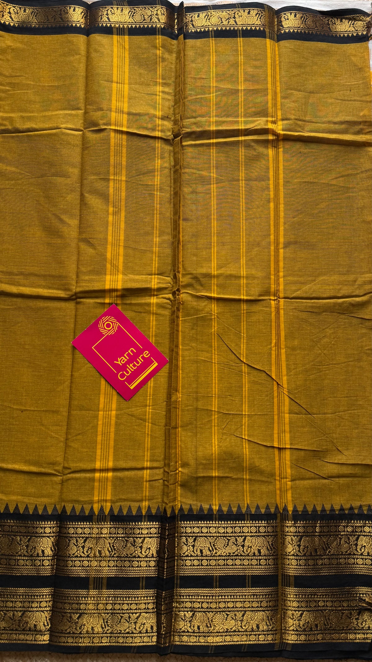 Ginger yellow with black long zari border, kanchi cotton saree - YCCOTNCCOC114