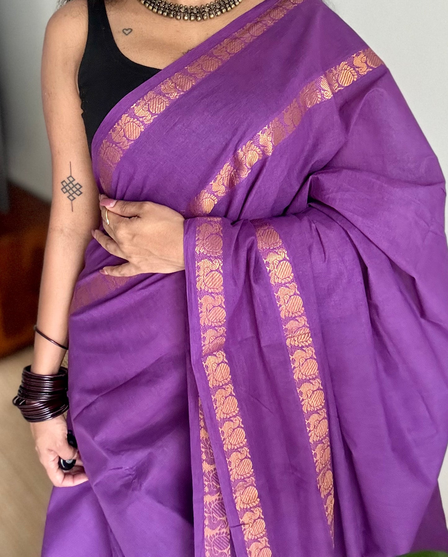 Purple rettaipettu peacock gap border, kattuchayam dyed madurai cotton saree  - YCCOTNMSJUL03