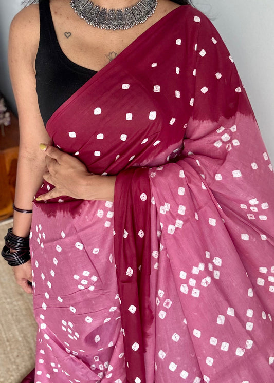 Pink with maroon Sungudi/Bandhani, soft cotton - YCCOTNSEMS79
