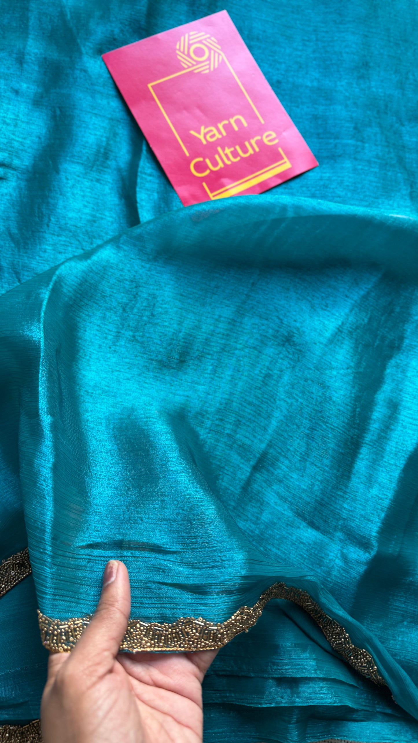 Bluetiful Chaos - bluish green, metallic dual tone space silk, embellished border - YCDOSNO44