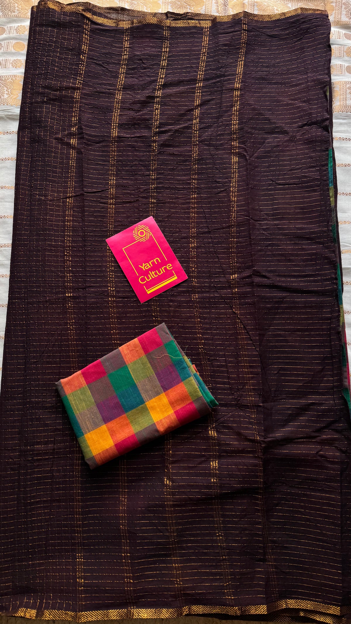 Dark brown mini checks with multicoloured madras checks, cotton half and half saree - YCCOTNIDOC165