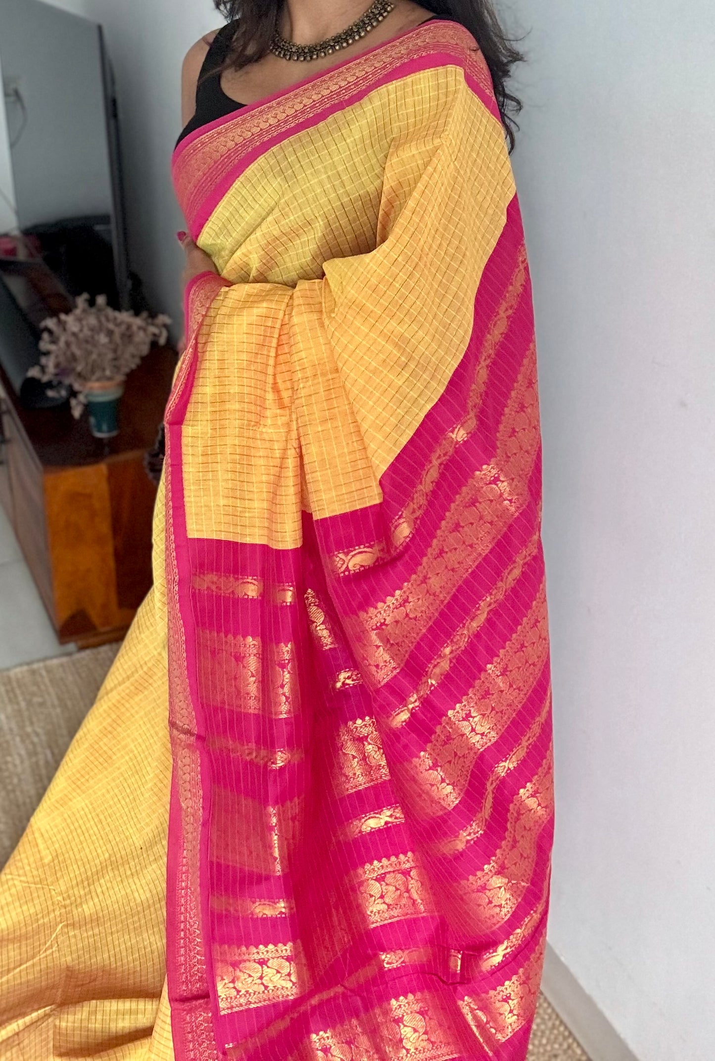 Yellow with hot pink, checks - cotton silk - YCCOTNOCKC44