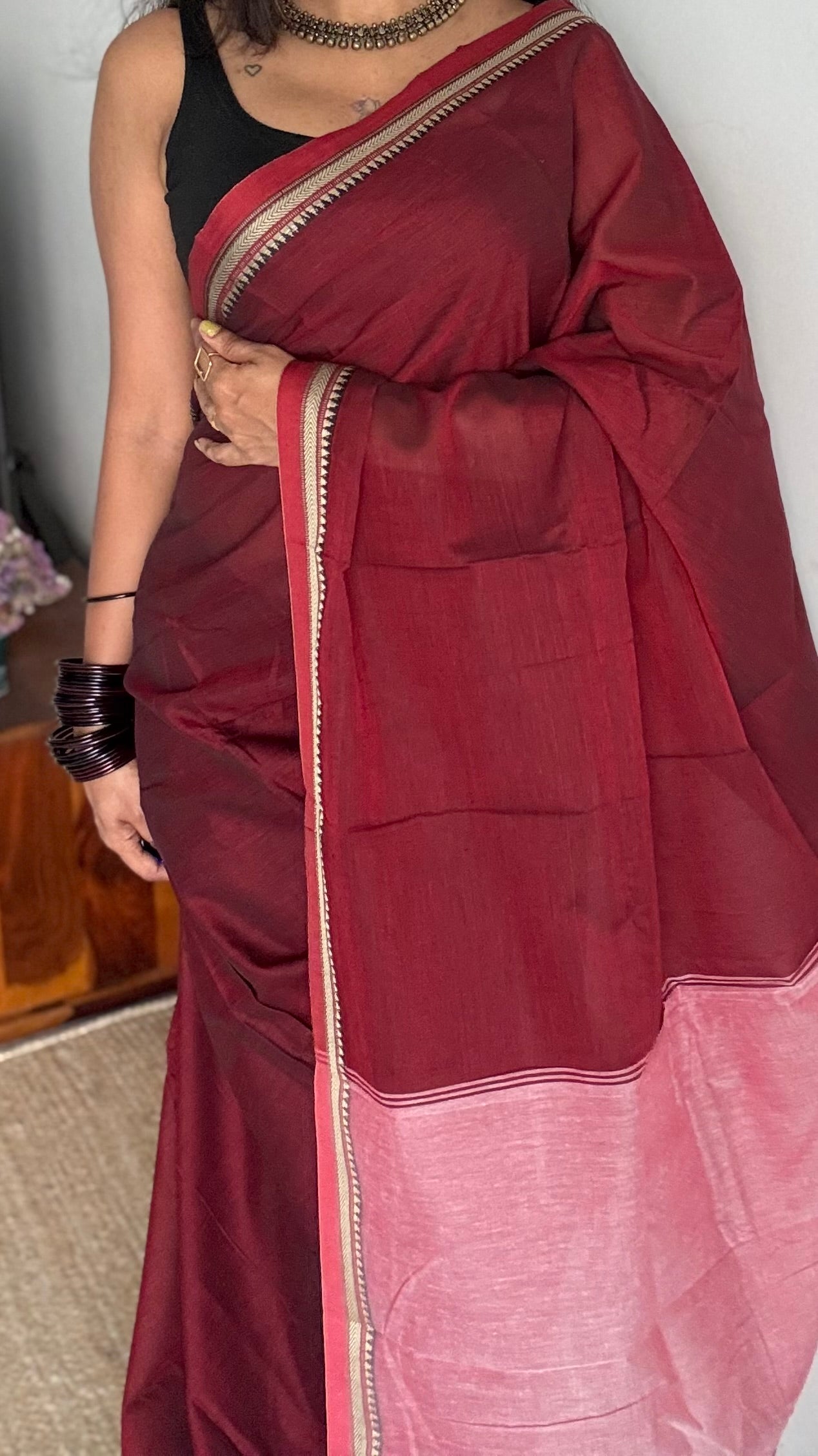 Maroon with red border narayanpet saree, soft cotton - YCWOTDNPFE30