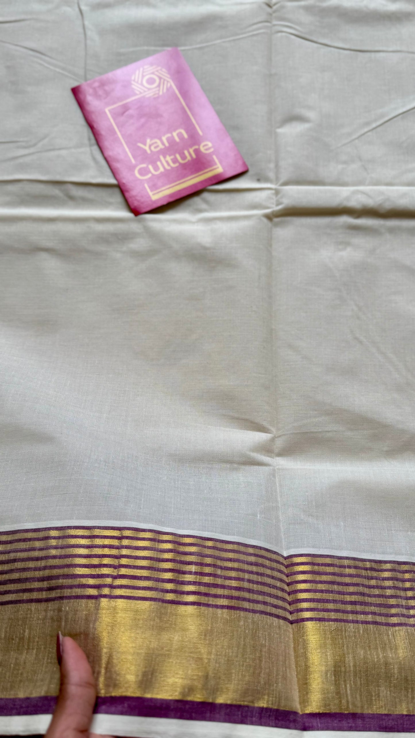 Ivory and gold soft cotton saree, purple border - YCIEON76