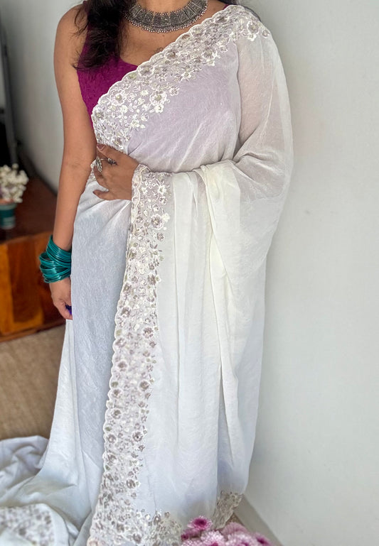 White Whimsy - white with floral sequins embroidered borders, semi-crepe- YCDOSNO48