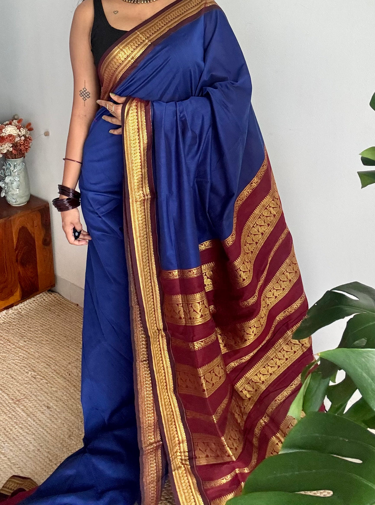 Royal blue with brown, cotton silk saree with zari border - YCCOTNKCOC106
