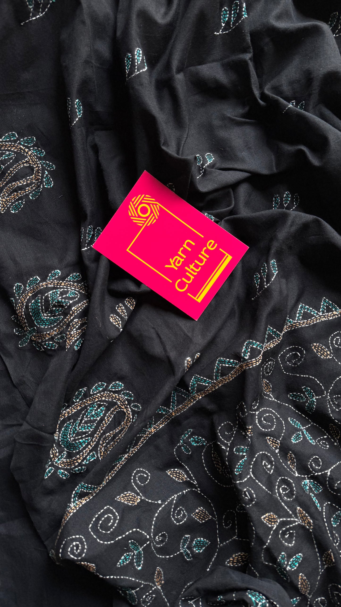 Embroidered black kantha weave in soft cotton - YCBCKKJA146