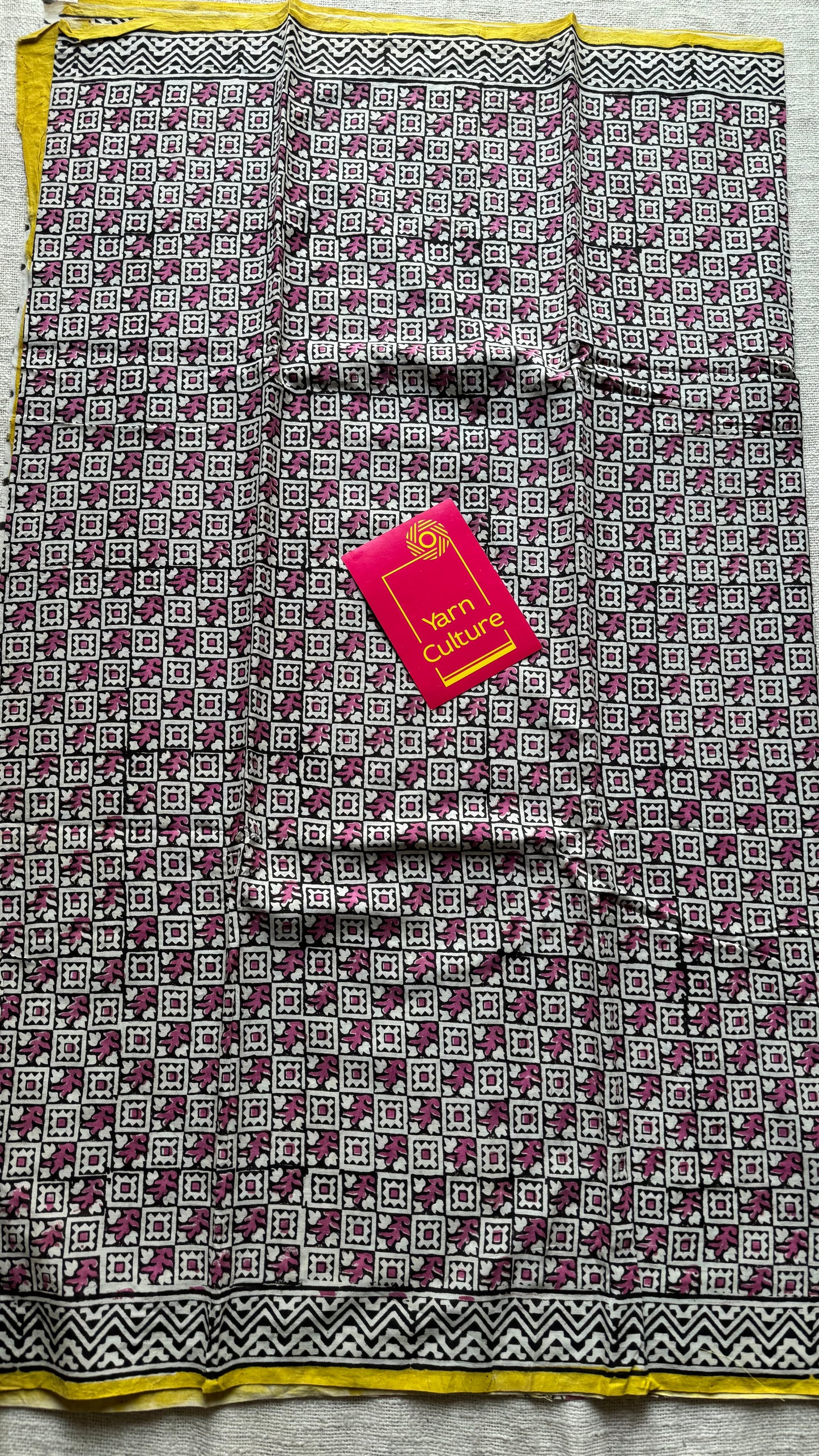 Beige with black and dusty pink checks, yellow border, block printed soft cotton saree - YCTORCMA13
