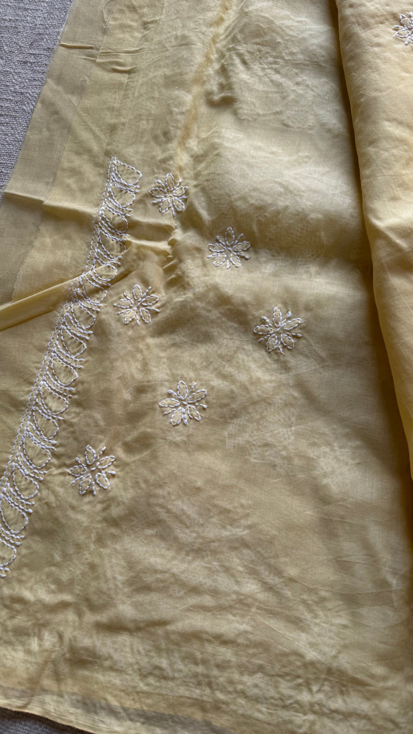 Ziya - light canary yellow hand-embroidered chikankari cotton saree - YCLCKFE417