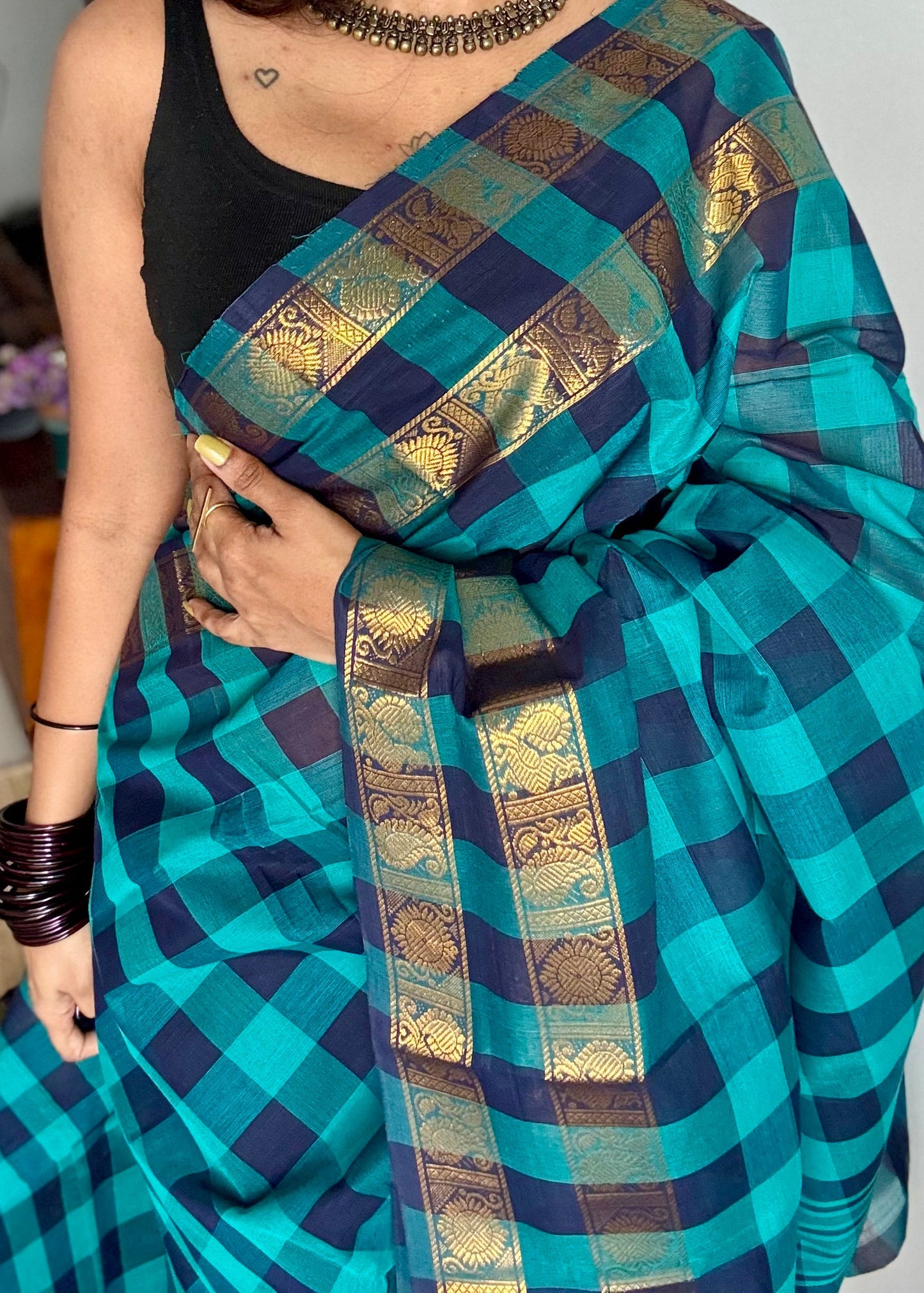 Turquoise and dark blue paalum pazhamum checkered kanchi cotton - YCCOTNKCDE81