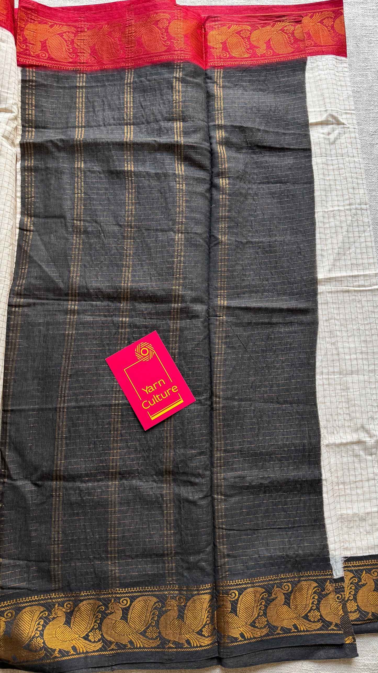 Sungudi cotton checks, ivory gold base, red and black dual tone border, soft cotton - YCCOTNGJJA159