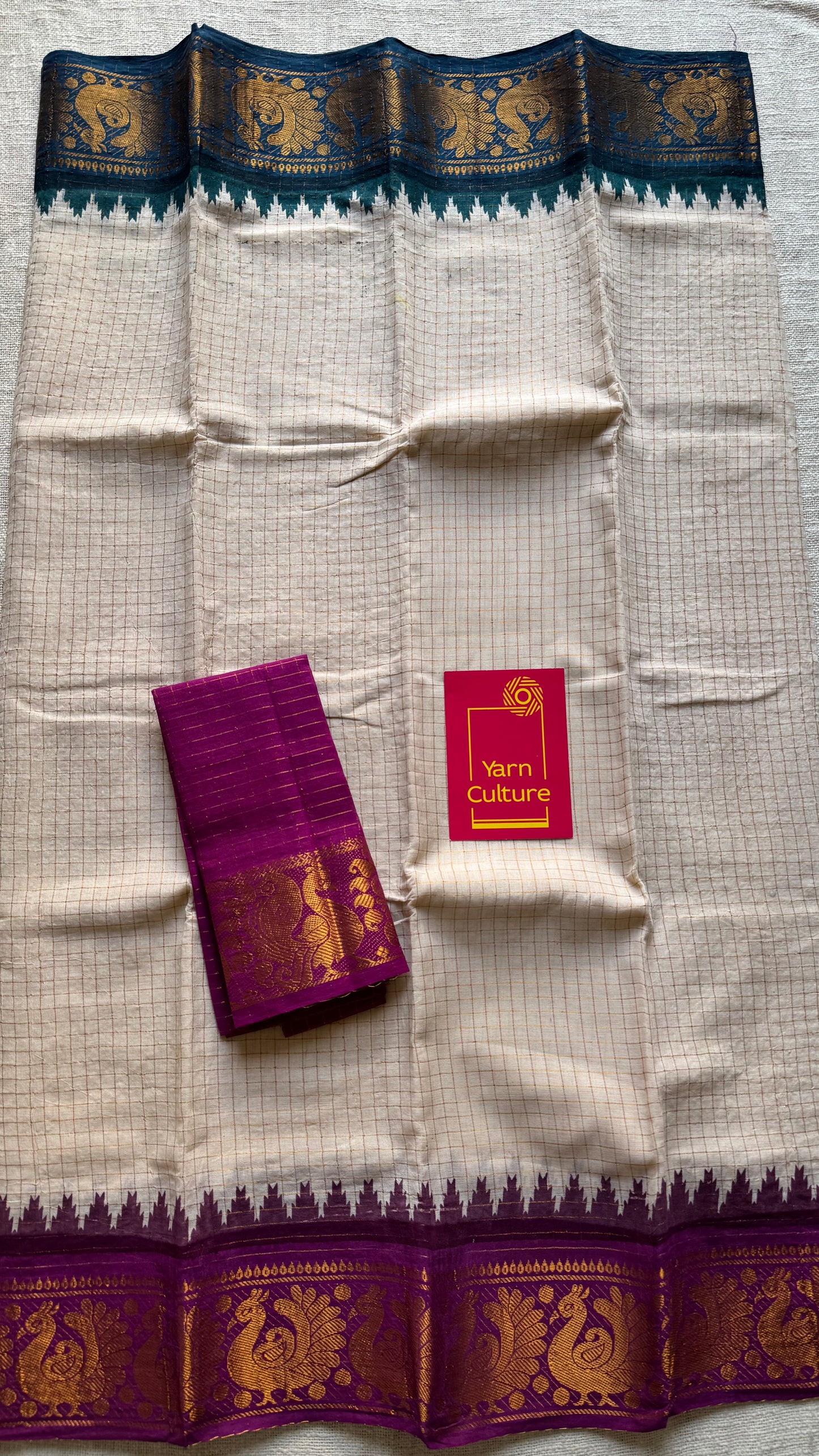 Sungudi cotton checks, ivory gold base, teal and magenta dual tone border, soft cotton - YCCOTNGJJA177