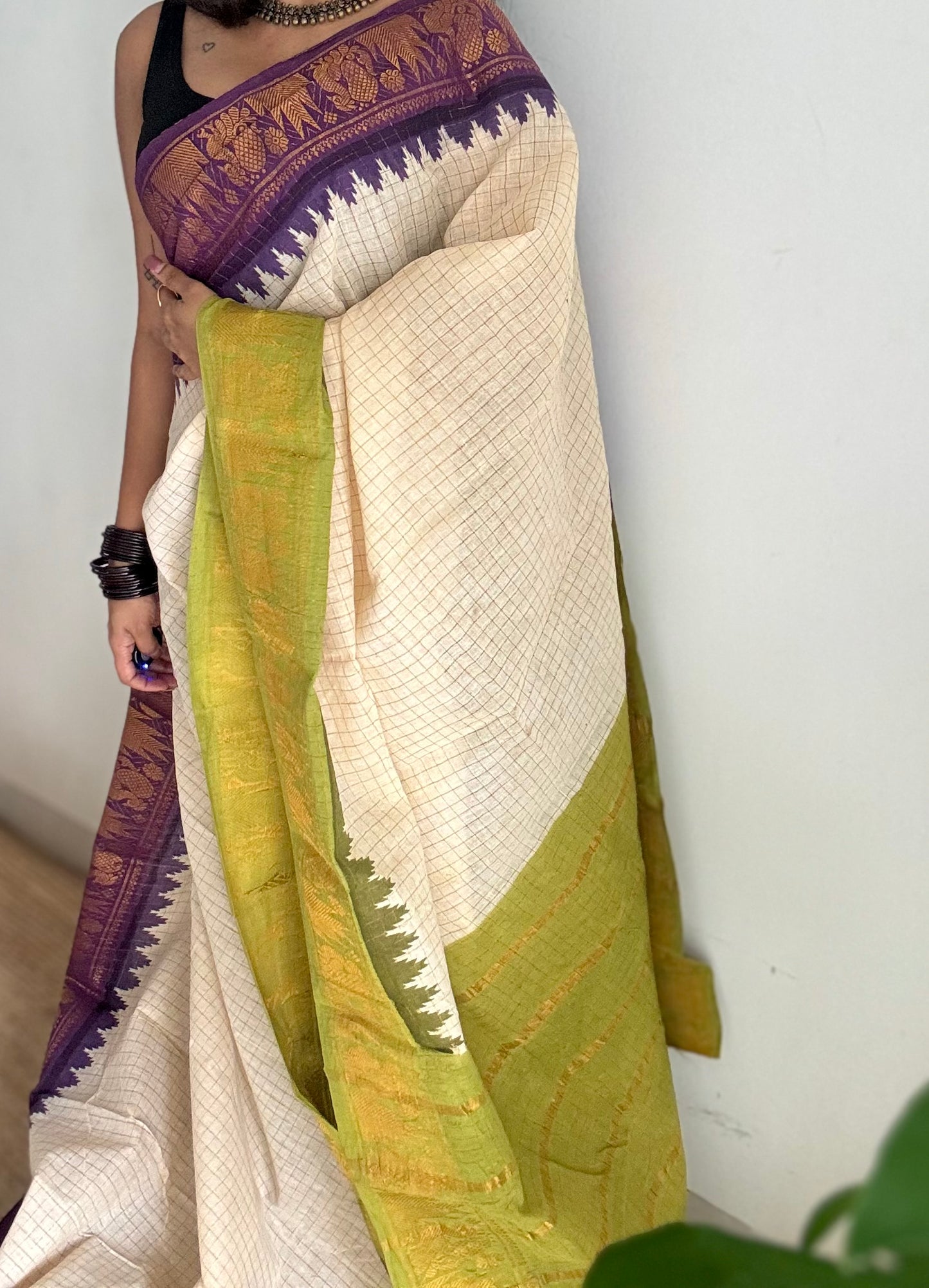 Sungudi cotton checks, ivory gold base, purple and lime green dual tone border, soft cotton - YCCOTNMSJUL08