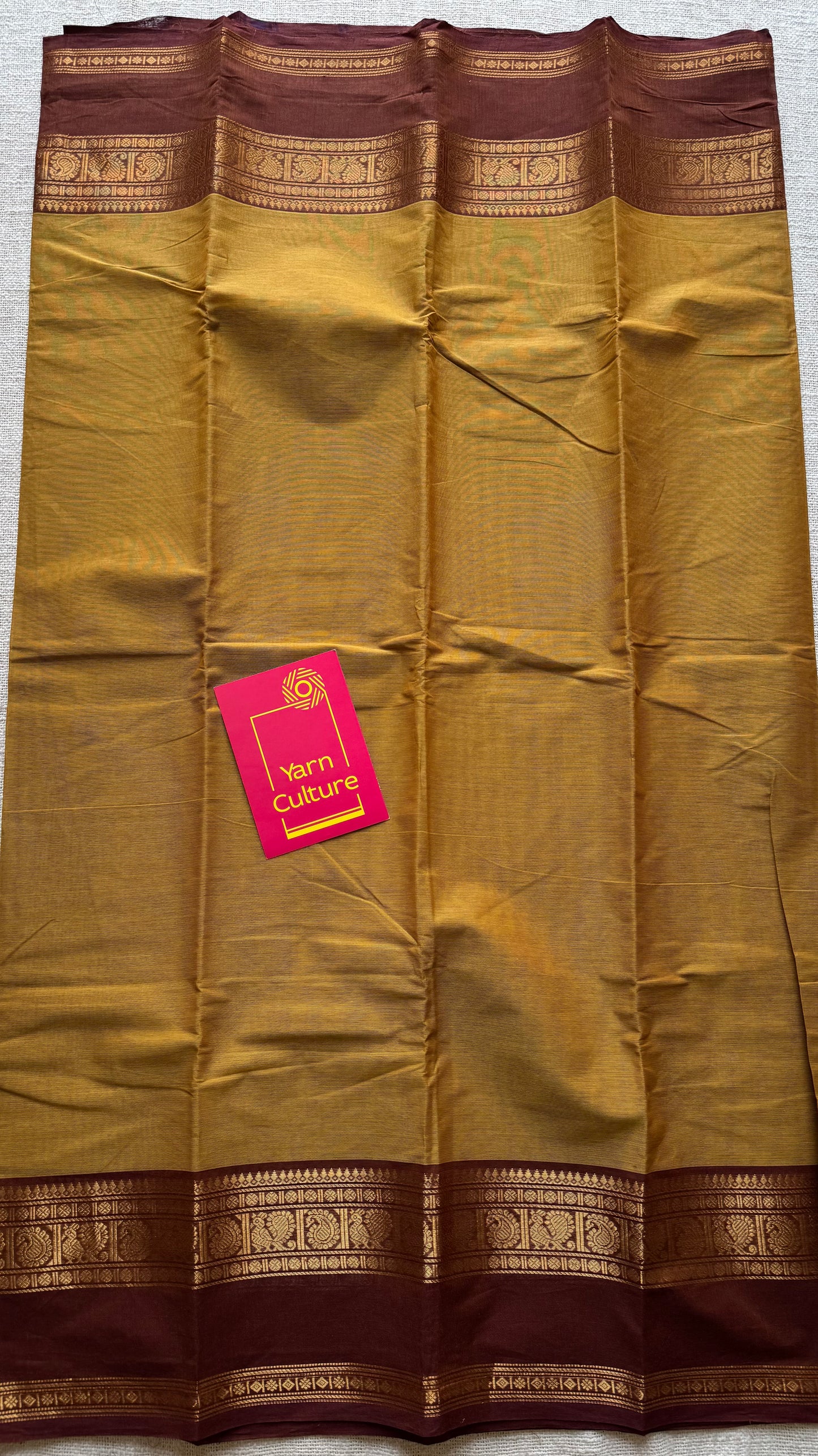 Ginger yellow with brown Chettinad cotton saree with rettaipettu peacock border - YCCOTNCCFE158