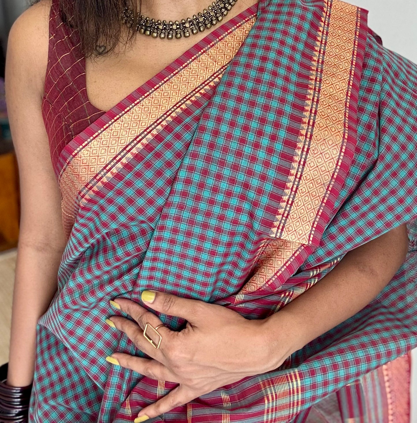Blue Chettinad cotton saree with maroon checks - YCCOTNCCFE145