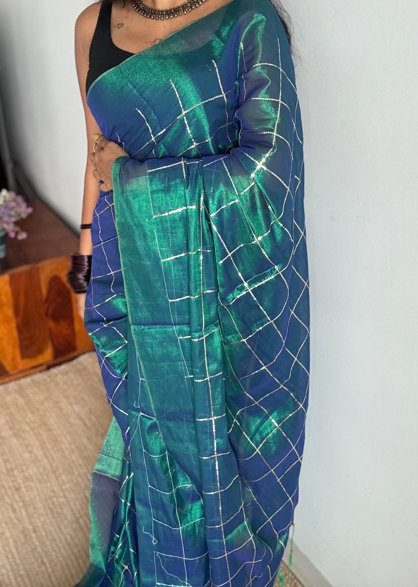 Peacock blue, checkered sequins work, mul tissue - YCBCMCJA09