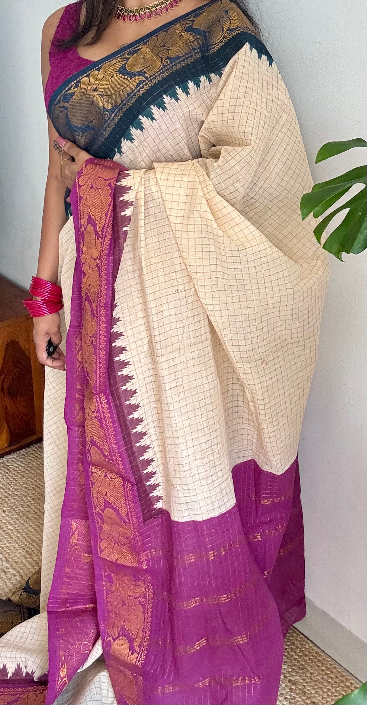 Sungudi cotton checks, ivory gold base, teal and magenta dual tone border, soft cotton - YCIEON101