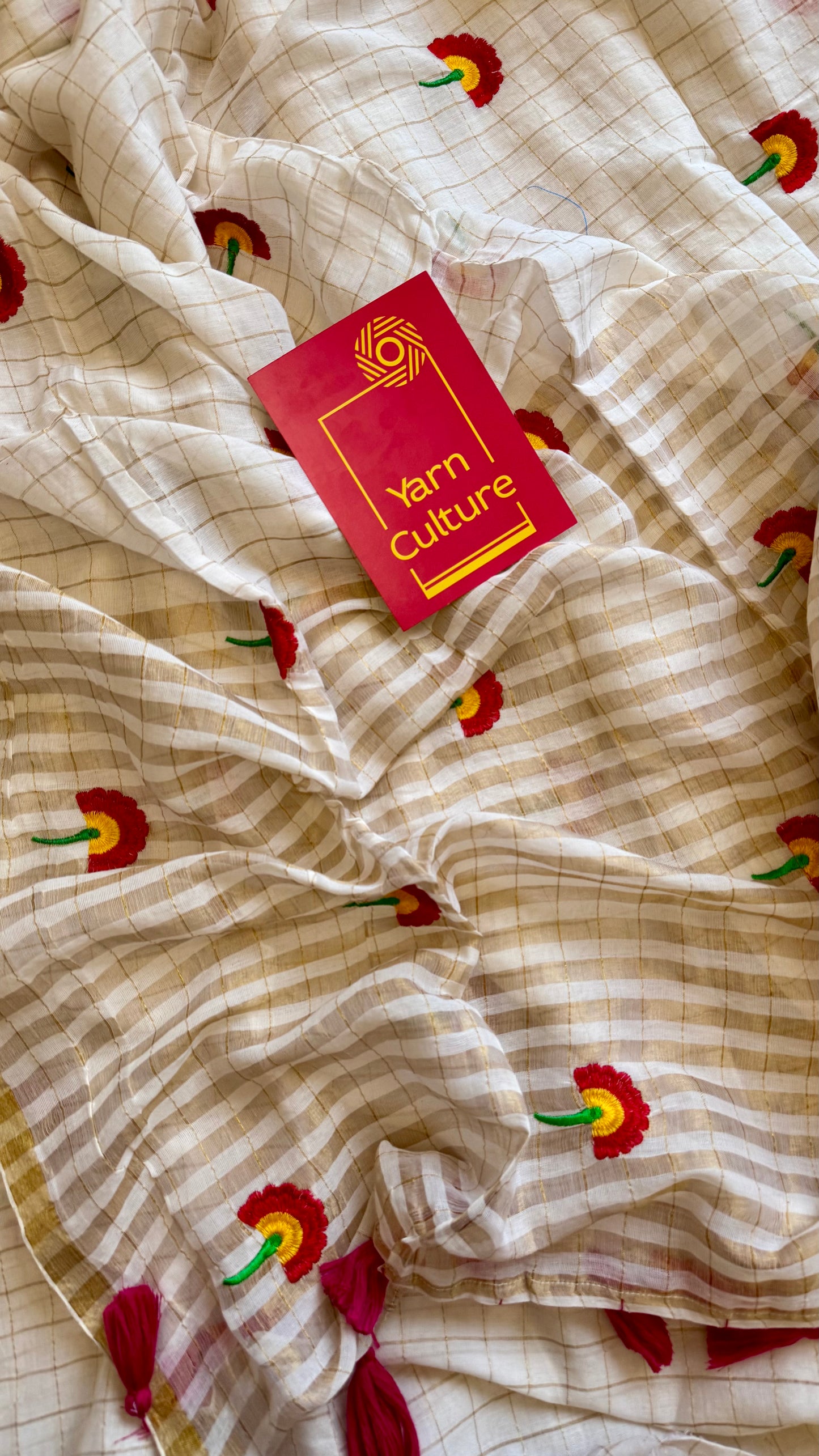 Ivory mul saree, checkered with floral embroidery - YCIEON28