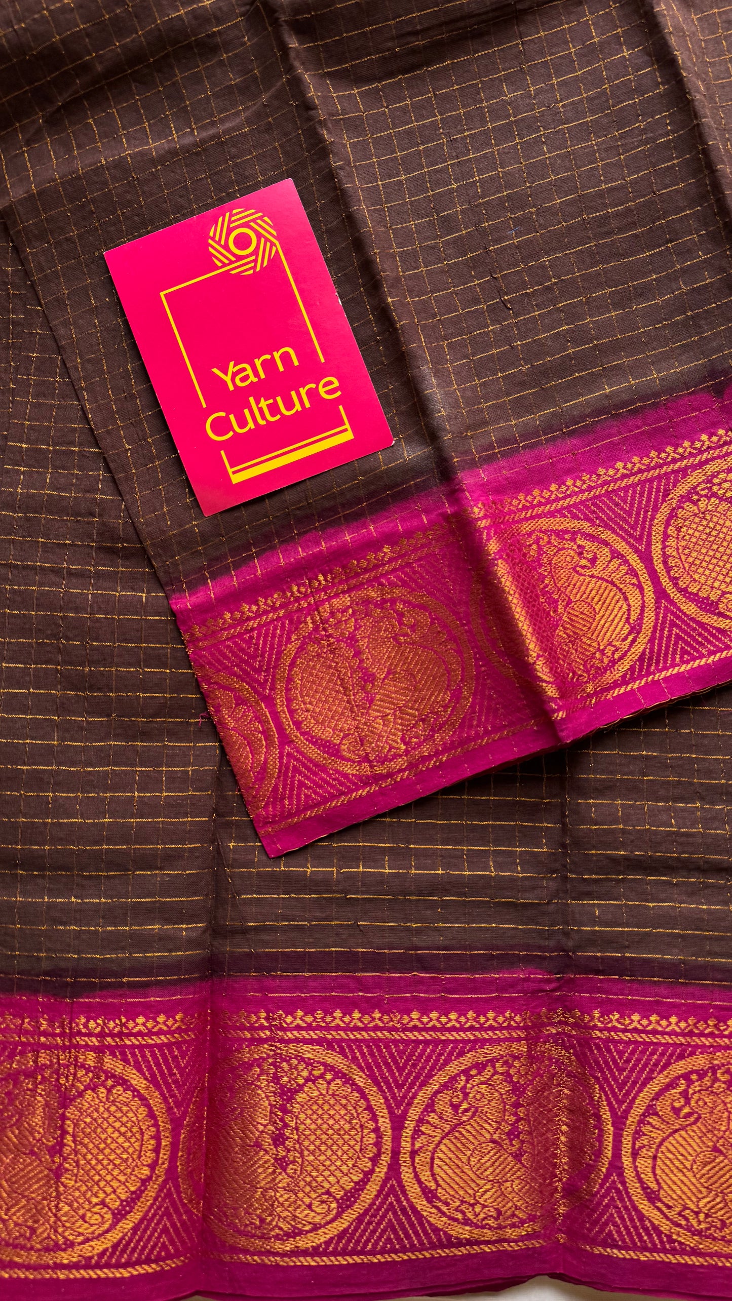 Brown with hot pink contrast zari checkered sungudi, kattuchayam dyed madurai cotton - YCCOTNMSAP170