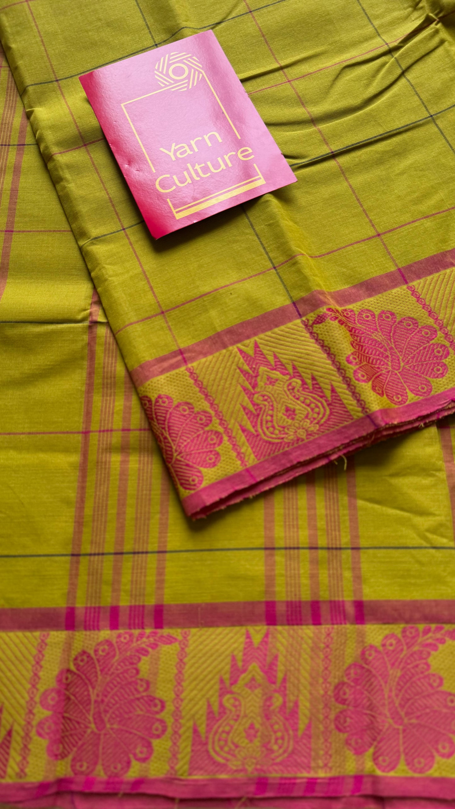 Chettinad cotton saree with lime green and pink checks, thread motif border - YCCOTNJUCC04