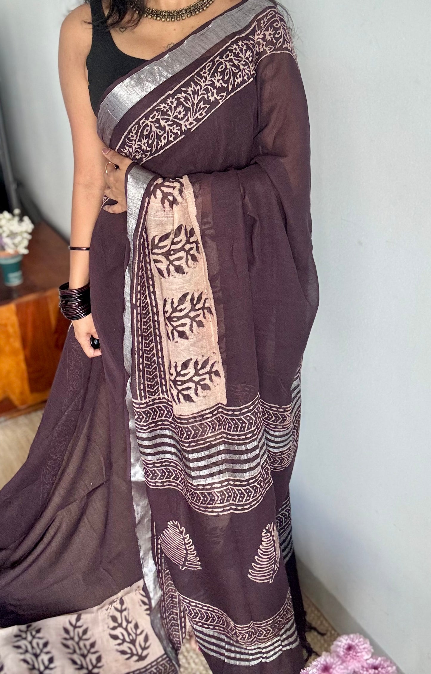 Wine and cream linen, silver zari border - YCTORNOP20