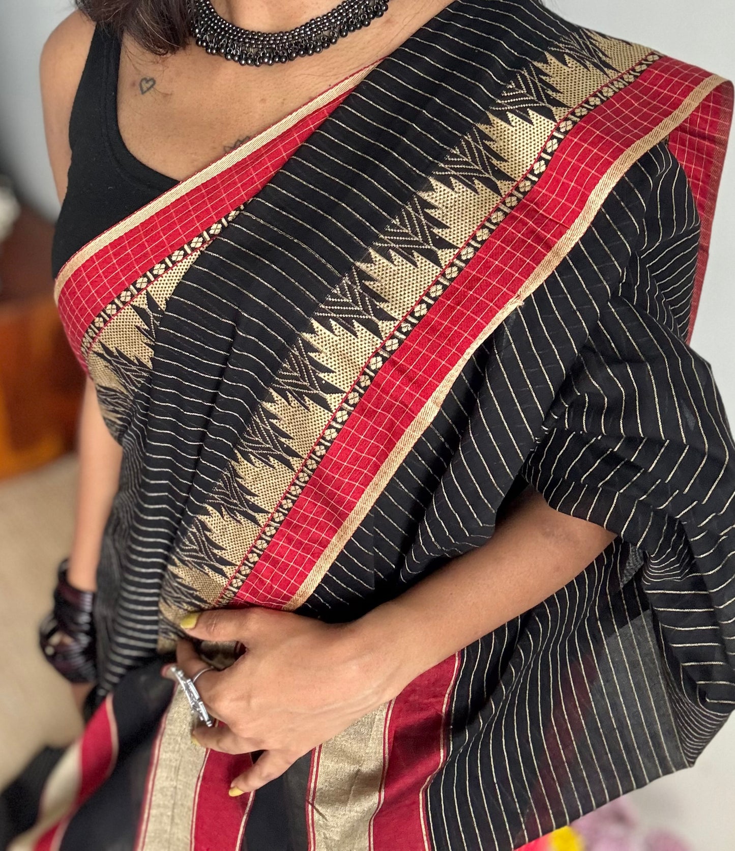 Black striped premium narayanpet soft cotton, with temple motif and checkered border - YCWOTDNPNO82