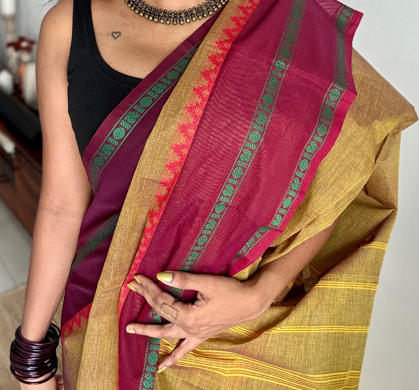 Chettinad cotton saree in ginger green with wine and maroon thread borders - YCCOTNJUCC12