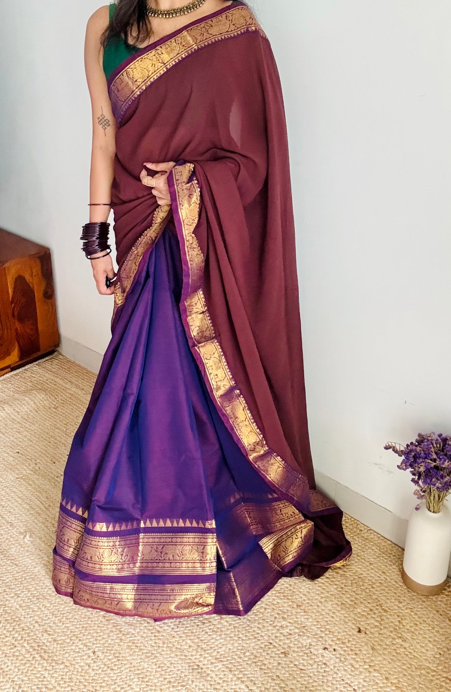 Purple - Brown unstitched half saree material (dhavani), kanchi cotton - YCIEHS207