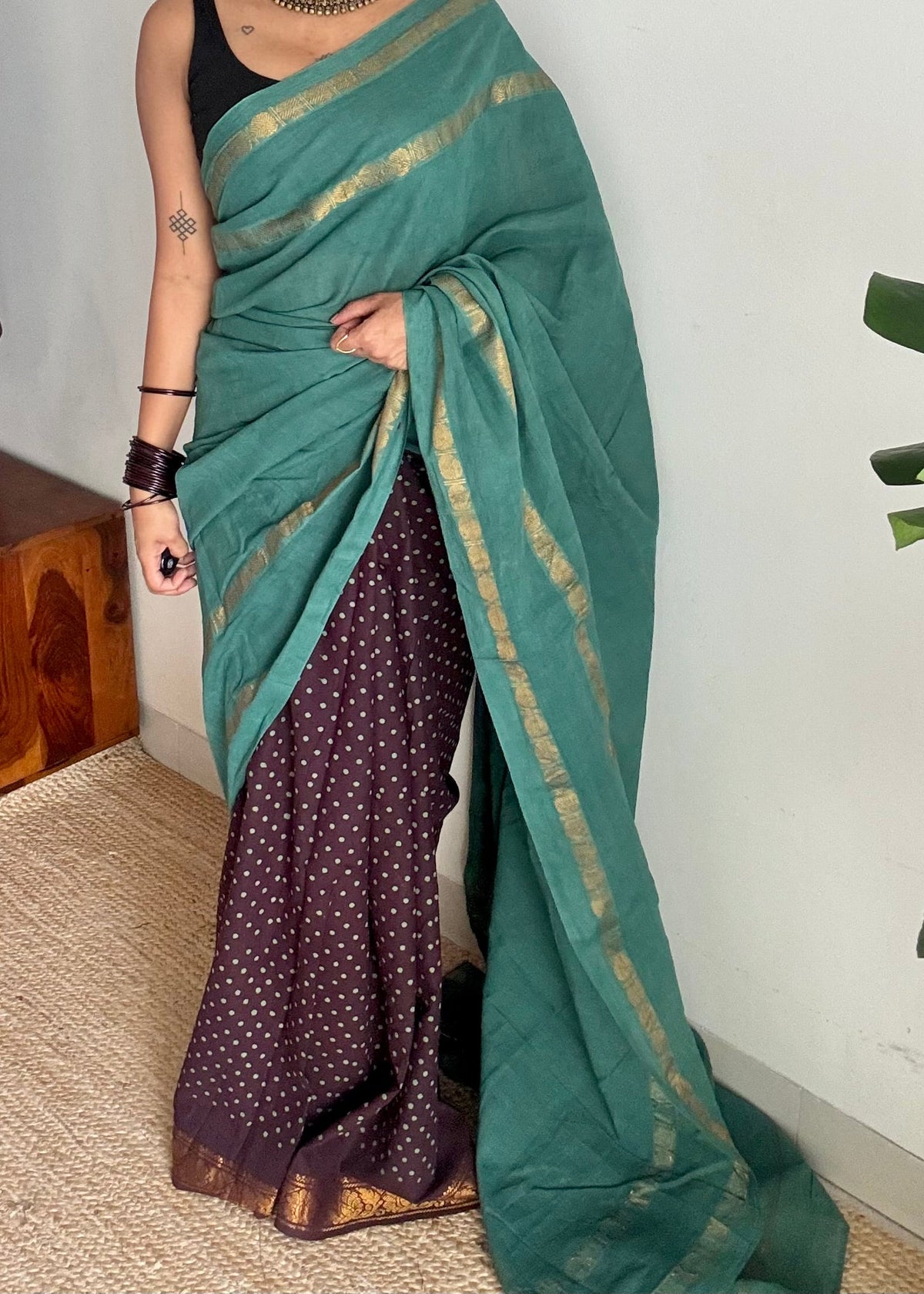 Mint green with brown, sungudi cotton half-half saree - YCCOTNIDOC15