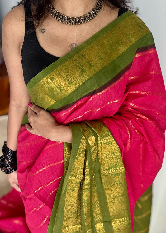 Reddish pink with green, peacock rudraksham motif, single side broad zari - madurai kattuchayam dyed - YCCOTNAUS34