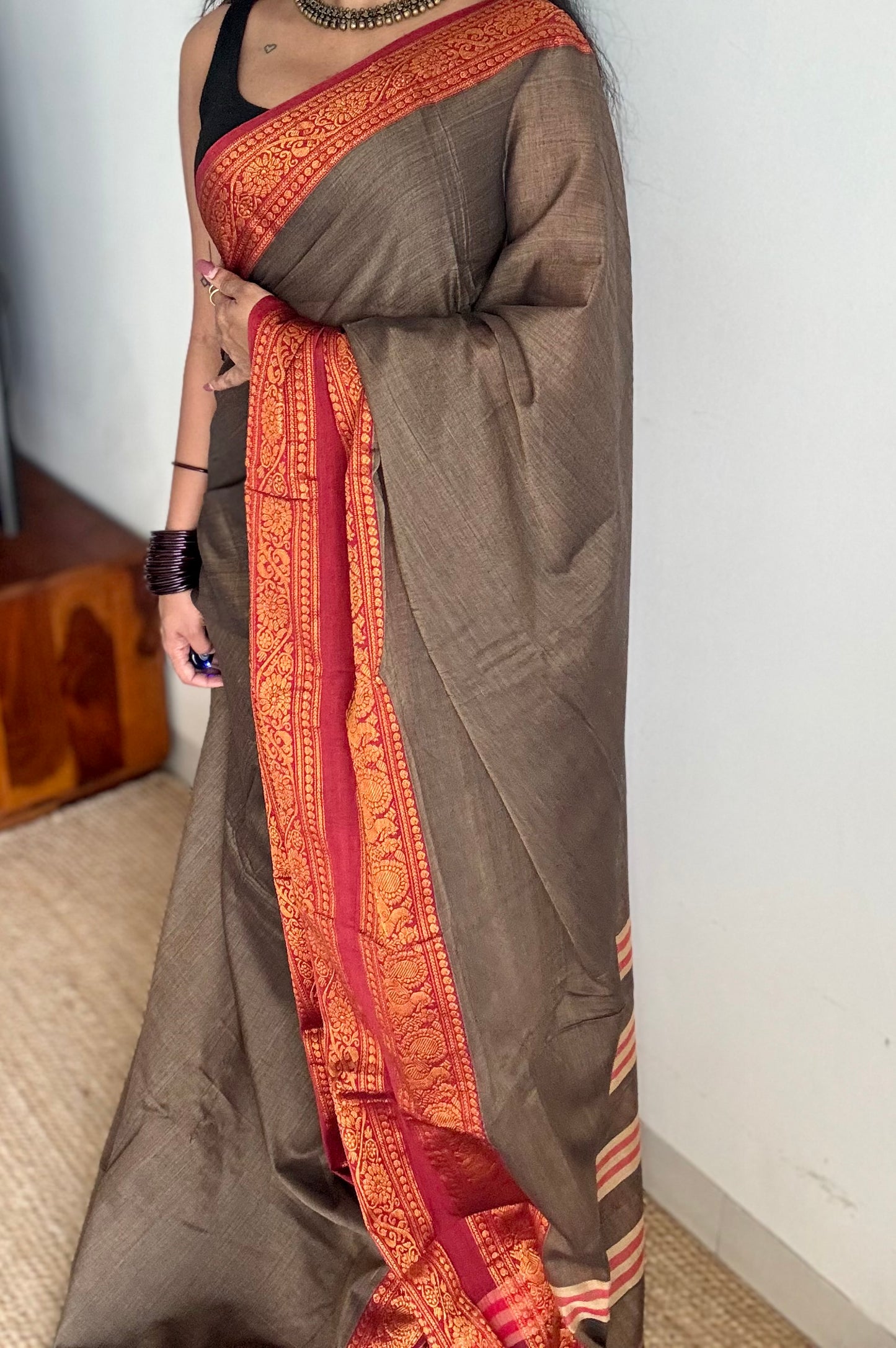 Grey with red wide border, narayanpet soft cotton saree - YCWOTDAUG05