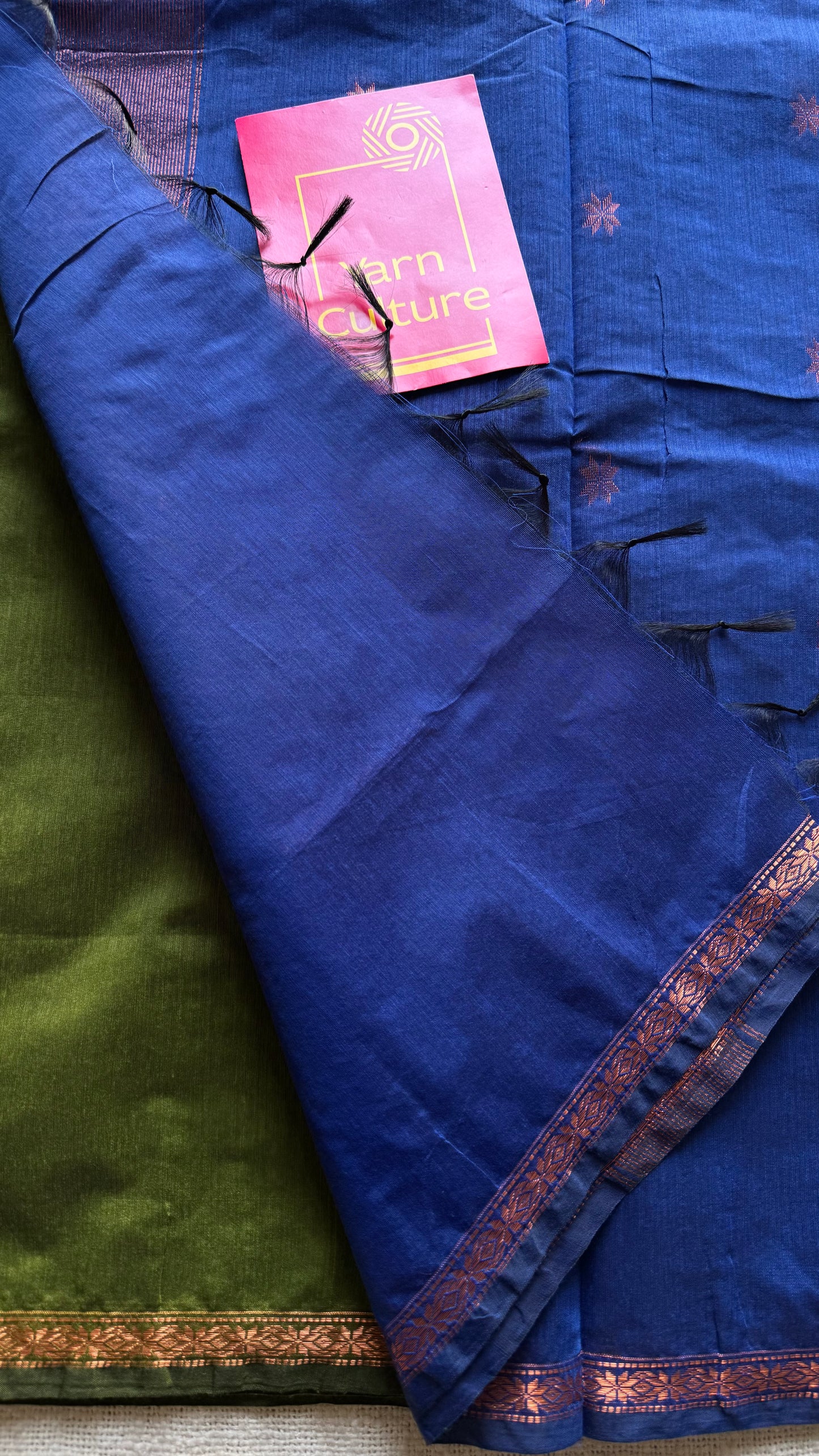 Parrot green with blue, copper zari buttas, semi maheshwari cotton silk - YCCOTNCSDE90