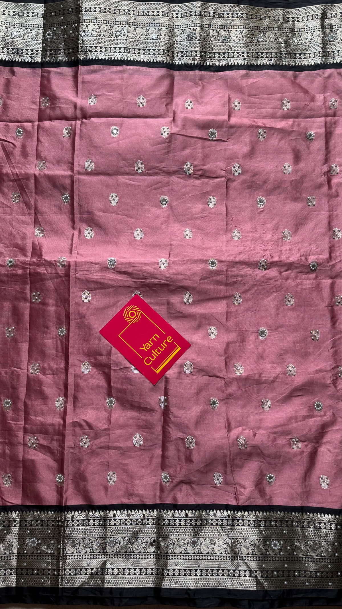 Dusty pink with black silver zari Banarasi semi-katan silk saree with pearl embellishments - YCBLTOC92
